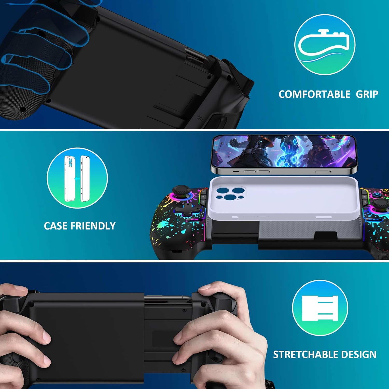 Wireless Phone Controller for iPhone/Android with Hall Joystick/Trigger, Mobile Gaming Controller Support Xbox Cloud, Steam Link, Call of Duty, Roblox, Cloud Android iOS Controller (Black-Spray)