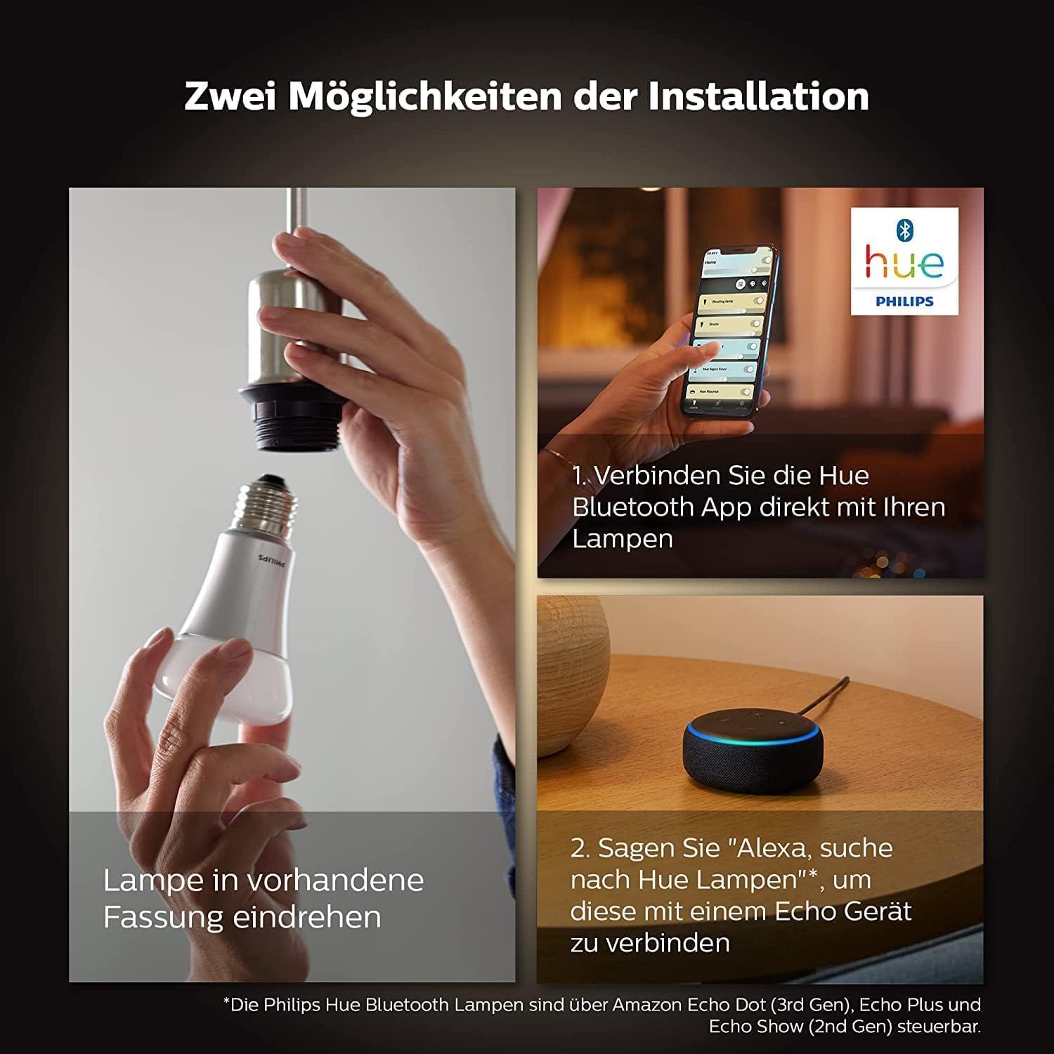 Philips Hue White Ambiance E27 LED Glühbirne, 806lm, warm- bis kühlweiß, dimmbar, steuerbar via App, kompatibel mit Amazon Alexa (Echo, Echo Dot), 4er Pack, alte Generation