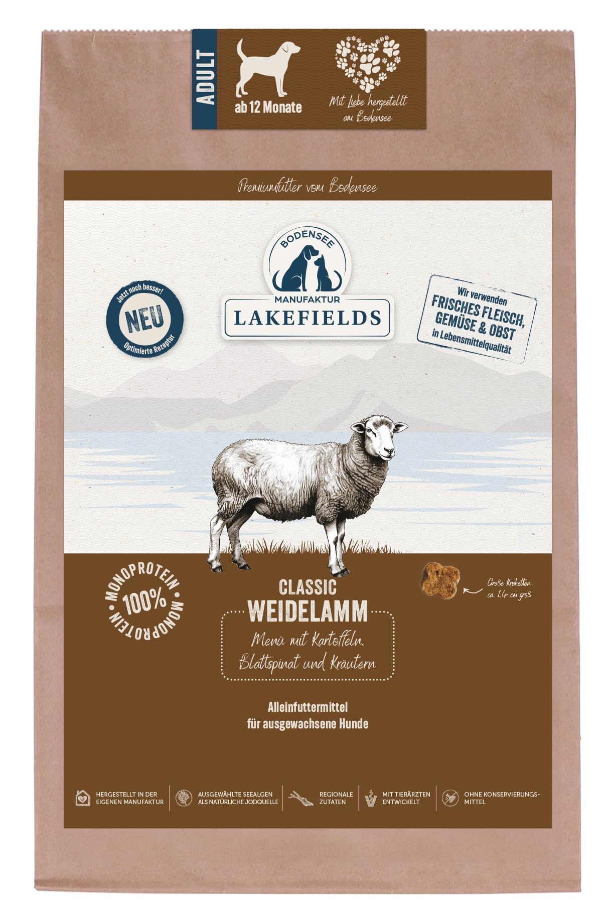 Lakefields Classic Hundefutter trocken | Lamm 60% | 4 x 2,5kg | Getreidefreies Trockenfutter | Zutaten in Lebensmittelqualität | Kartoffeln, Blattspinat & Kräutern | Schonend gebacken