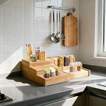Spice Rack Kitchen Cabinet Organiser- 3 Tier Wooden Expandable Display Shelf, Perfect for Kitchen Cabinet, Countertop, Inside Cupboard and More