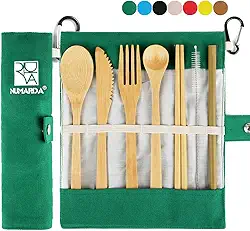 Conjunto de talheres de bambu | Conjunto de talheres ecológicos | Conjunto de talheres de bambu | utensílios de viagem de bambu | Conjunto de utensílios de acampamento | Conjunto de utensílios portáteis, Verde
