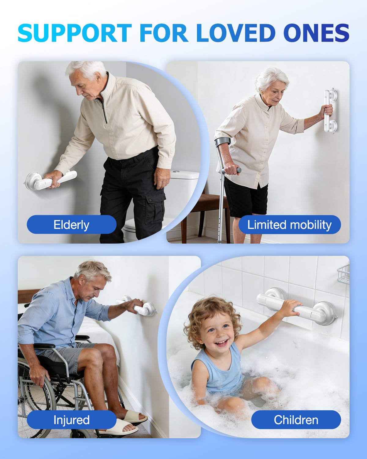 Coneclat Grab Bars for Bathtubs and Showers, Shower Handles for the Elderly and People in Need, 2026 Upgraded Rubber Suction Cup with Maximum 350 lbs Suction Power, No Drilling-(White-1 Pack) - 4