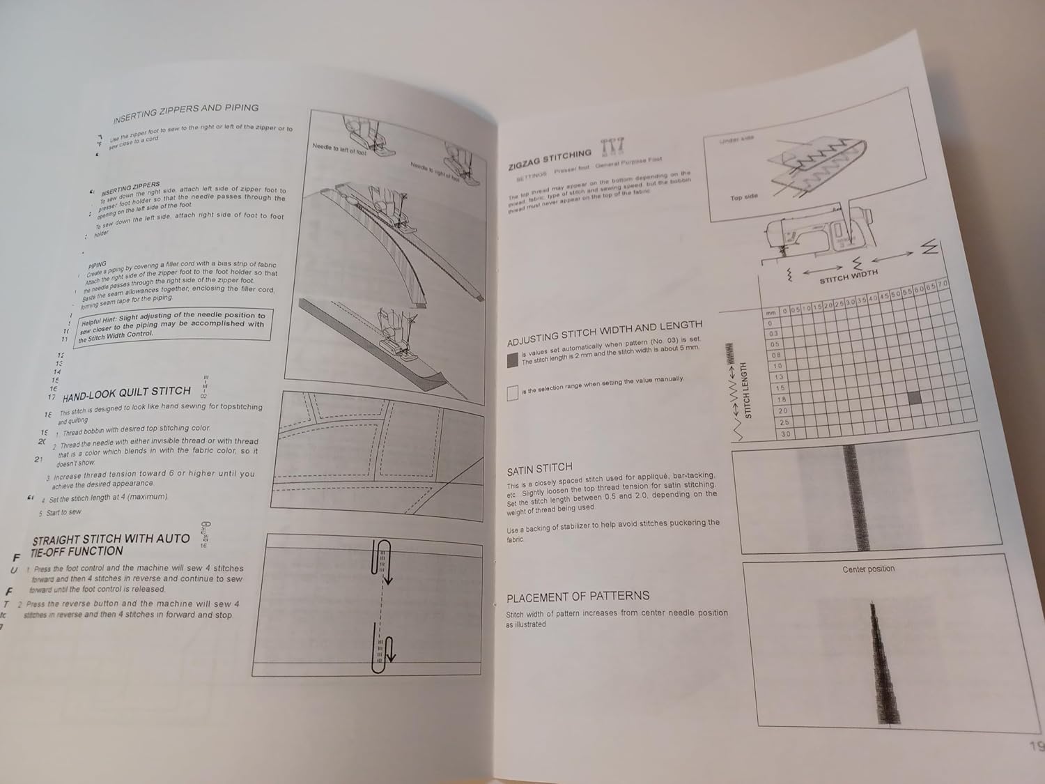 Manual page showing stitch adjustments and specialized stitches