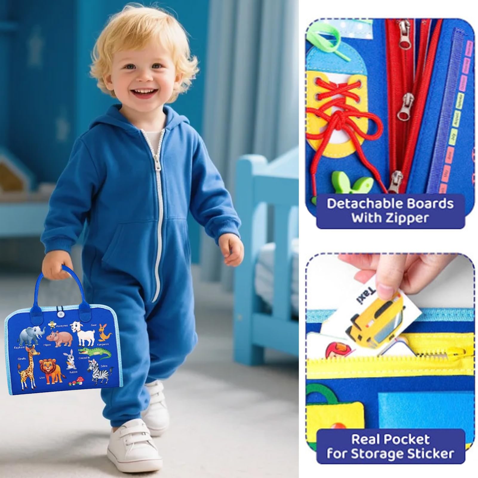 Busy Board Quiet Book Montessori per bambini, ragazzi e ragazze, giocattolo interattivo, in feltro morbido, educazione precoce, giocattolo da viaggio, regalo (blu, stile 2)
