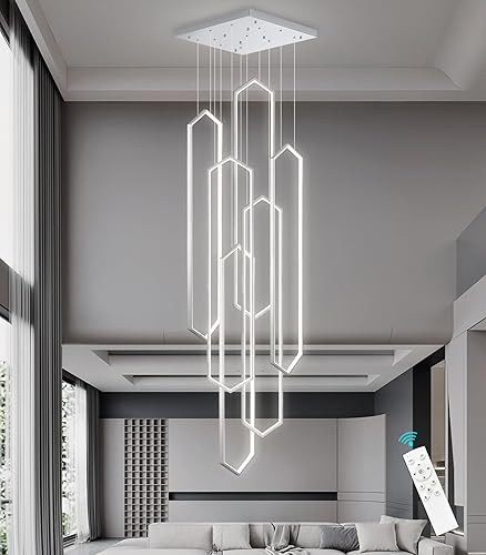 Miniatura 18 de Candelabro moderno de 6 anillos, luz LED dorada contemporánea para entrada de sala de estar, lámparas de techo alto regulables con control remoto
