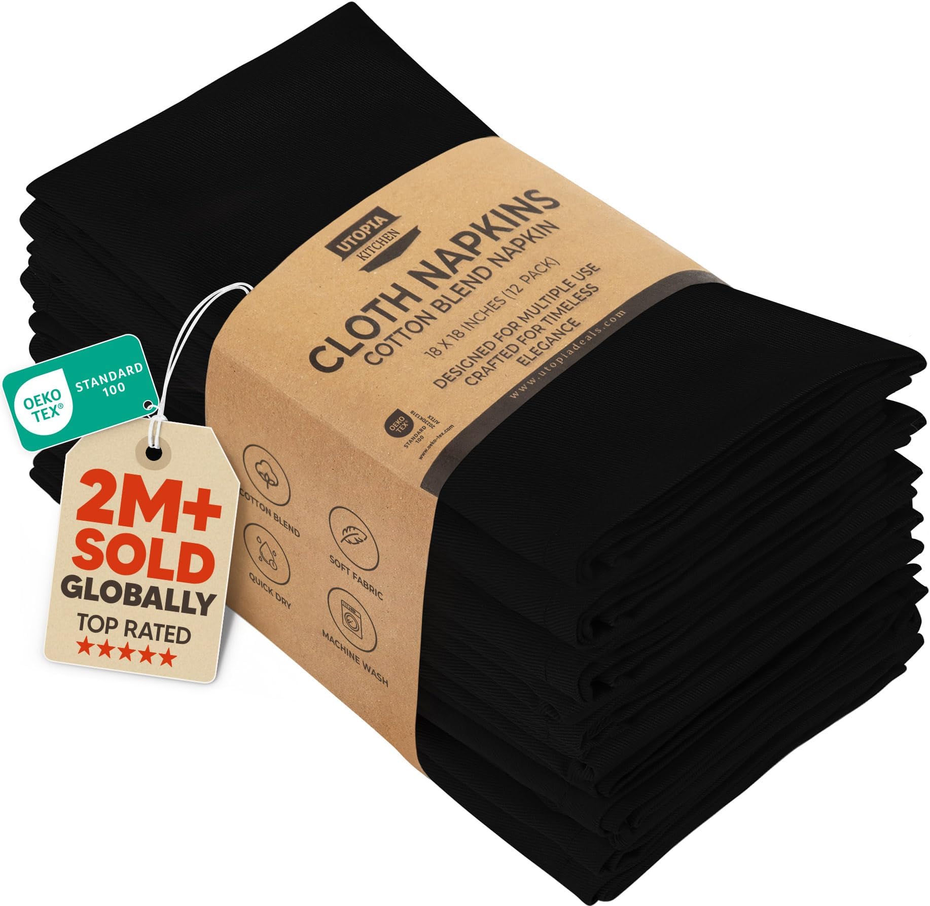 Utopia Kitchen Black Cloth Napkins [12 Pack, 18x18 Inch] Absorbent Cotton Blend Washable and Reusable for Dinner, Restaurant, Lunch, Wedding and Hotel