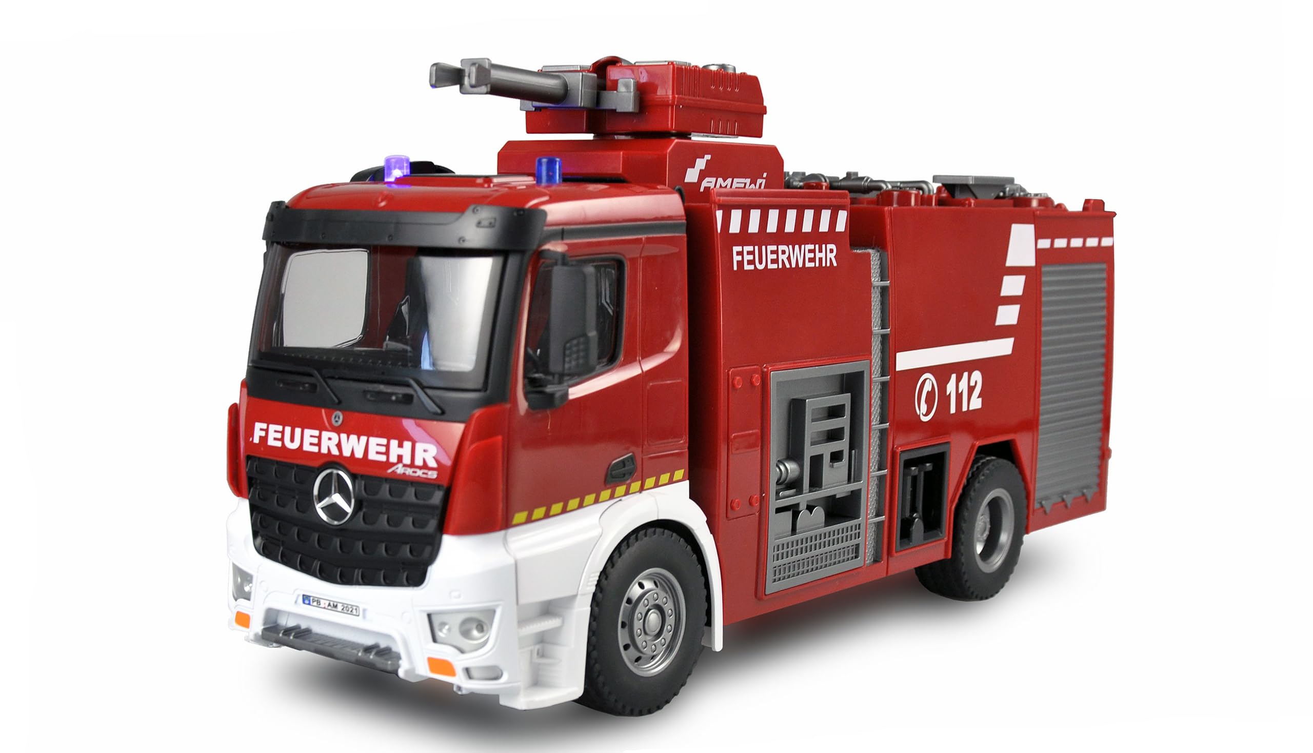 Amewi 22503 Mercedes Benz pojazd strażacki – licencjonowany pojazd 1:18 RC model ciężarówki 100% RtR w zestawie, czerwony