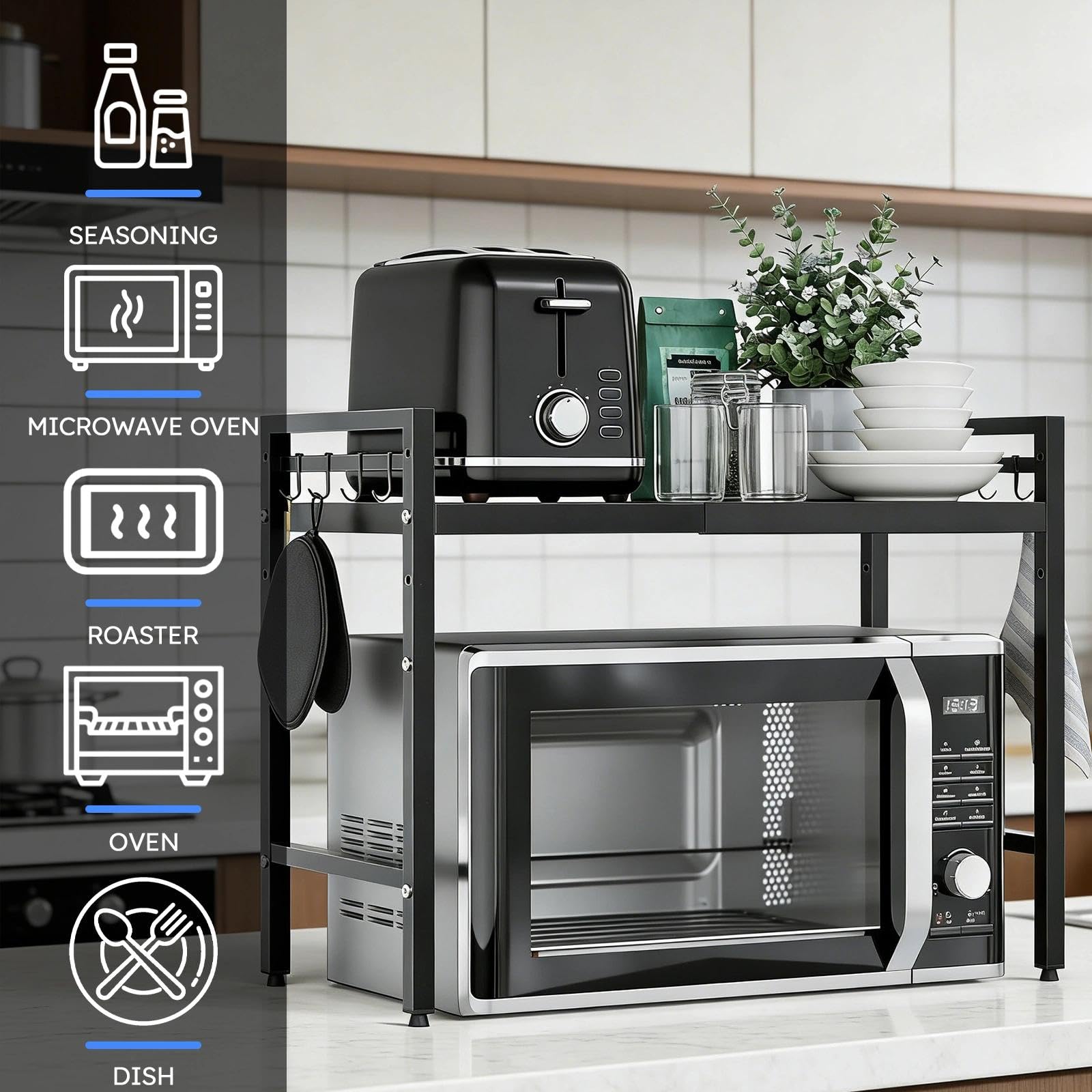 Mensola Microonde Estensibile, Acciaio Carbonio Ripiano Contatore Cucina Organizzatore Ripiani, Con 6 Ganci, Allungabile da 40 a 64 cm, Per Piani di Lavoro, Griglie da Forno e Contenitori da Cucina