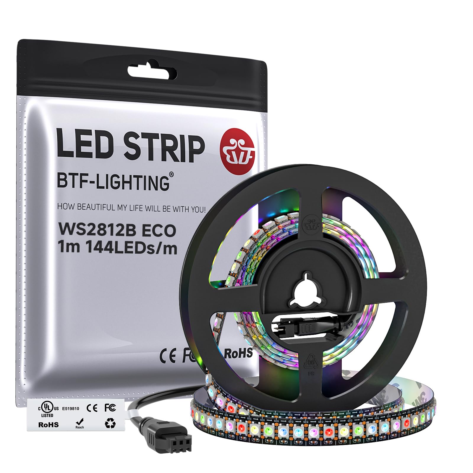 BTF-LIGHTING WS2812B IC RGB LED Strip,UL Listed,DC5V 3.28FT 144LED IP65