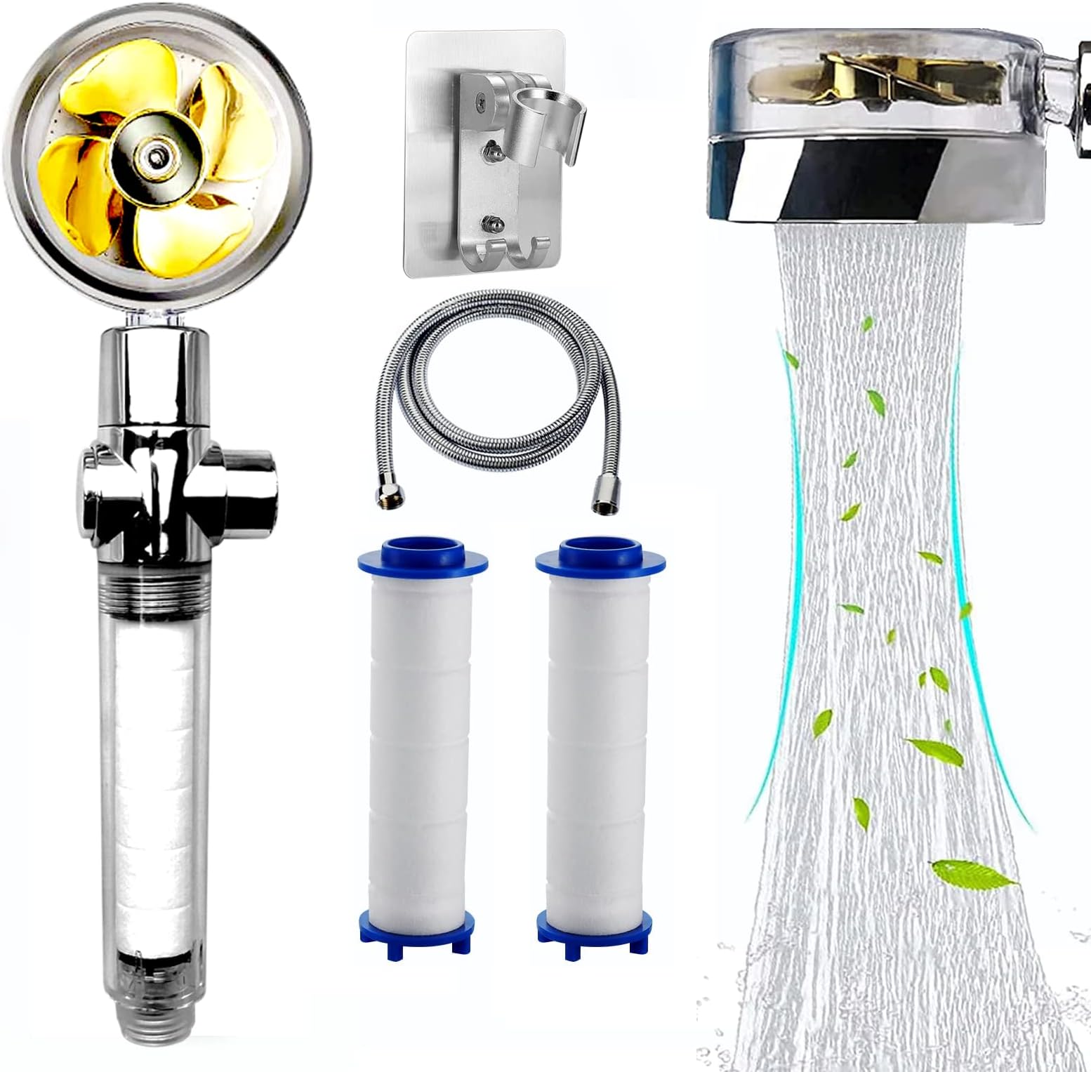 Mrs Fei High Pressure Shower Heads with Filter,360° Rotational Jet Powered Shower Head Set with 2 Filters、Hose and Holder Gold Turbo Fan Propeller Driven Shower Head