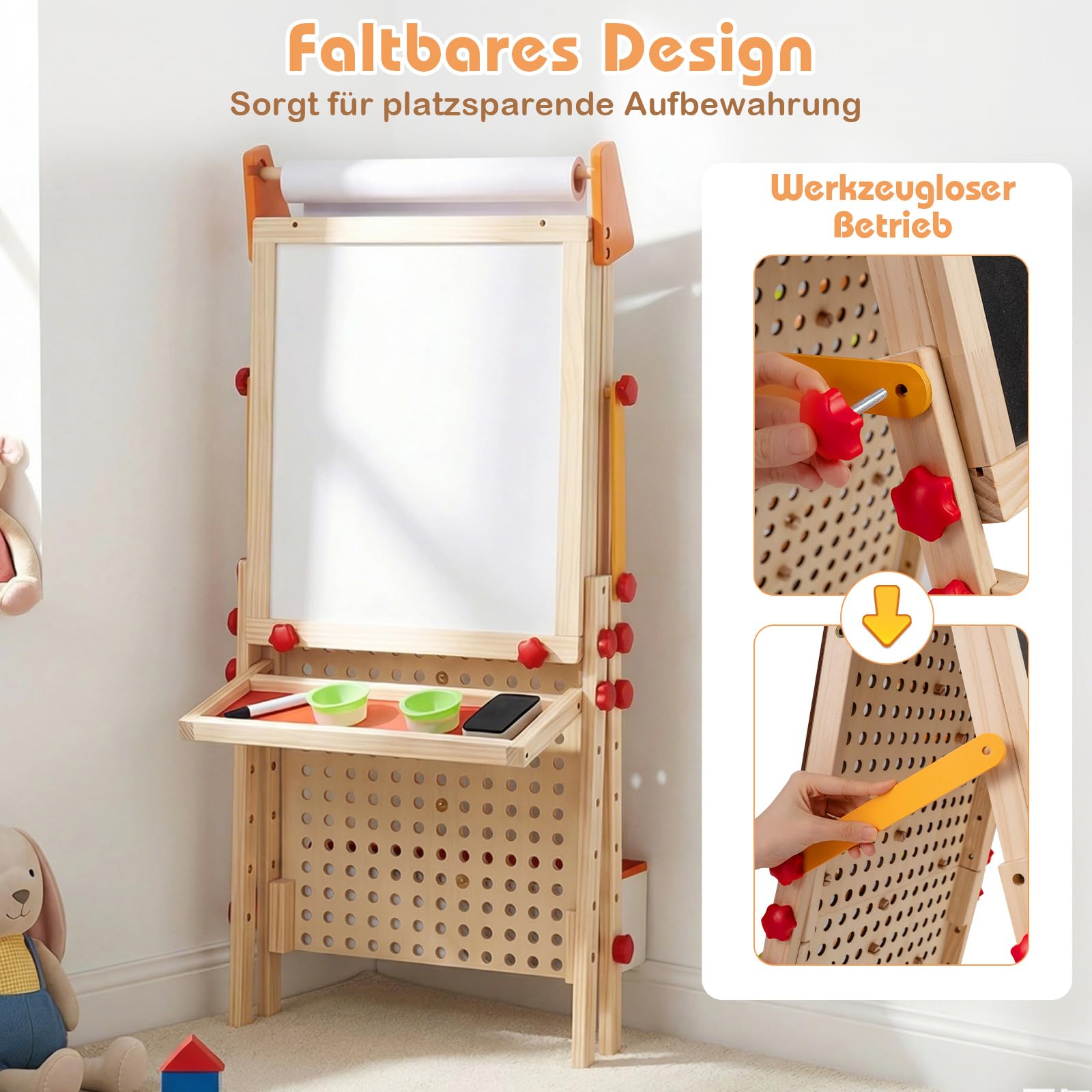 COSTWAY Tafel Kinder, Holz Spieltafel doppelseitig mit Magnet-Whiteboard, Papierrolle, Ablagefach & Murmelbahn, klappbare und höhenverstellbare Standtafel mit Zubehör für Kinder ab 3 Jahren