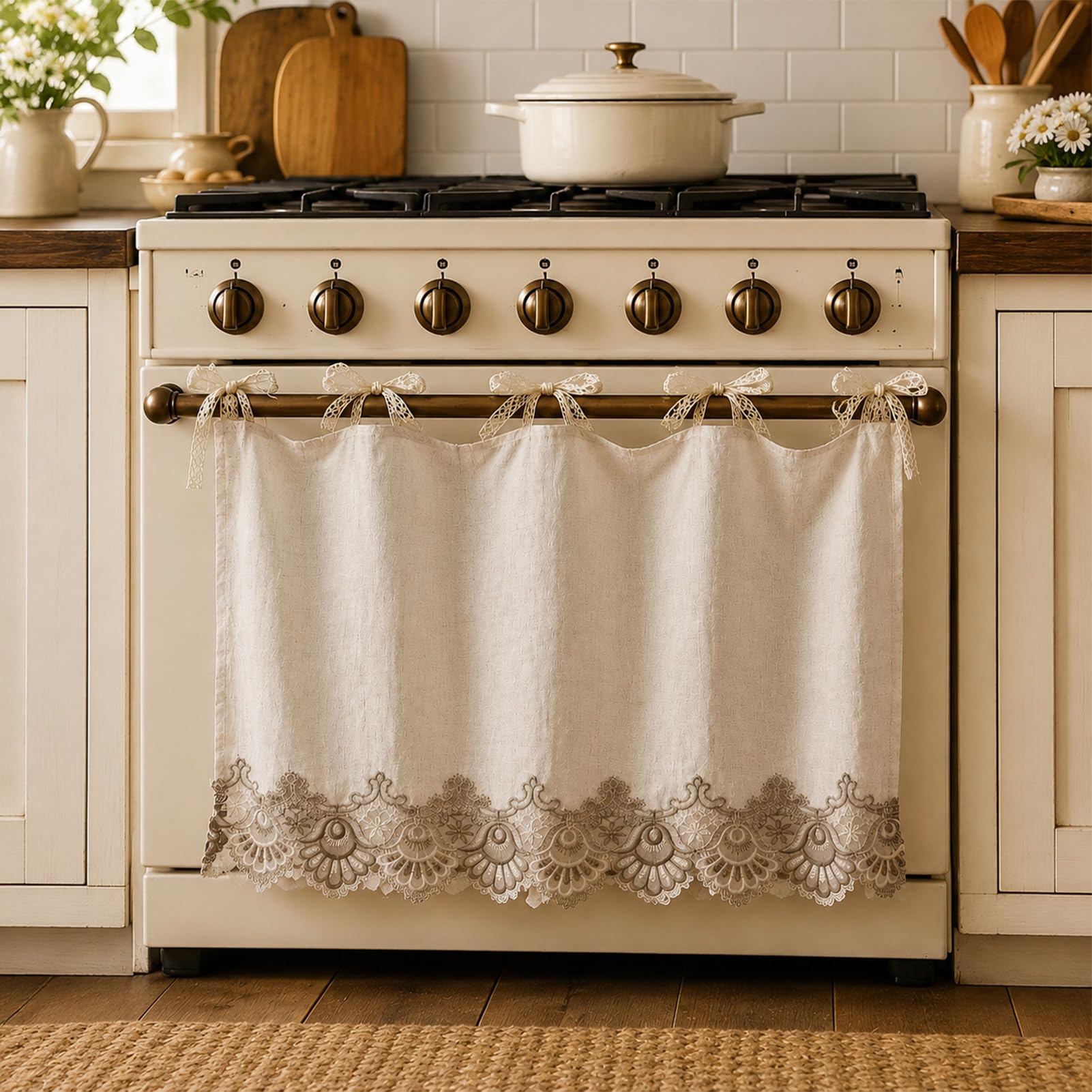 HonorHut Tie Back Lace Oven Curtain Beige Handmade Cotton Linen Oven Skirts for Home Dishwashers Cabinets Hide Clutter