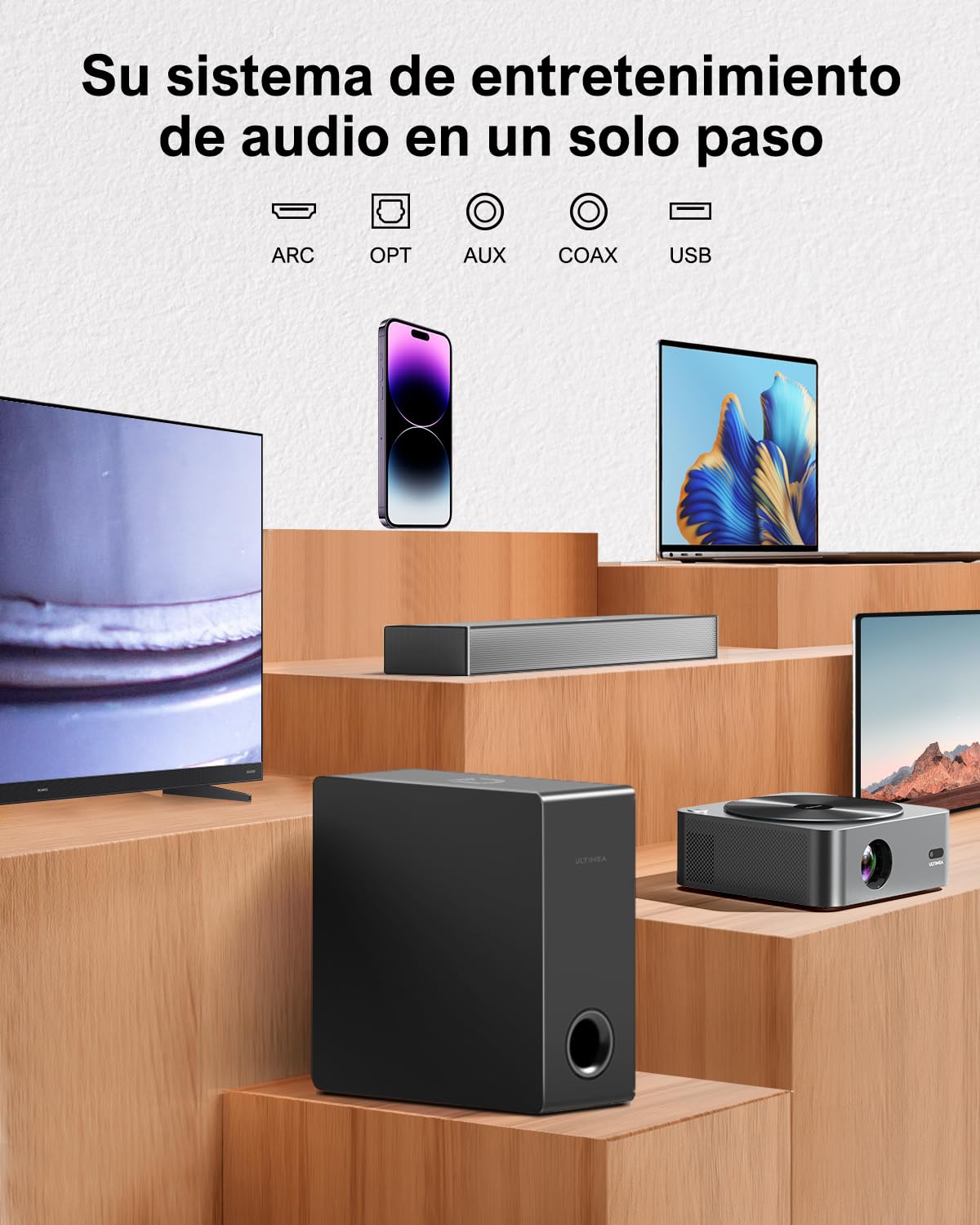 ULTIMEA Barra de Sonido para TV con Subwoofer, Potencia Máxima 160W, BASSMAX, Barra de Sonido Surround 2.1 para PC con 3 EQ, Bluetooth 5.3/HDMI/óptico/AUX/Montaje en Pared, Serie Ultra Slim Nova S40