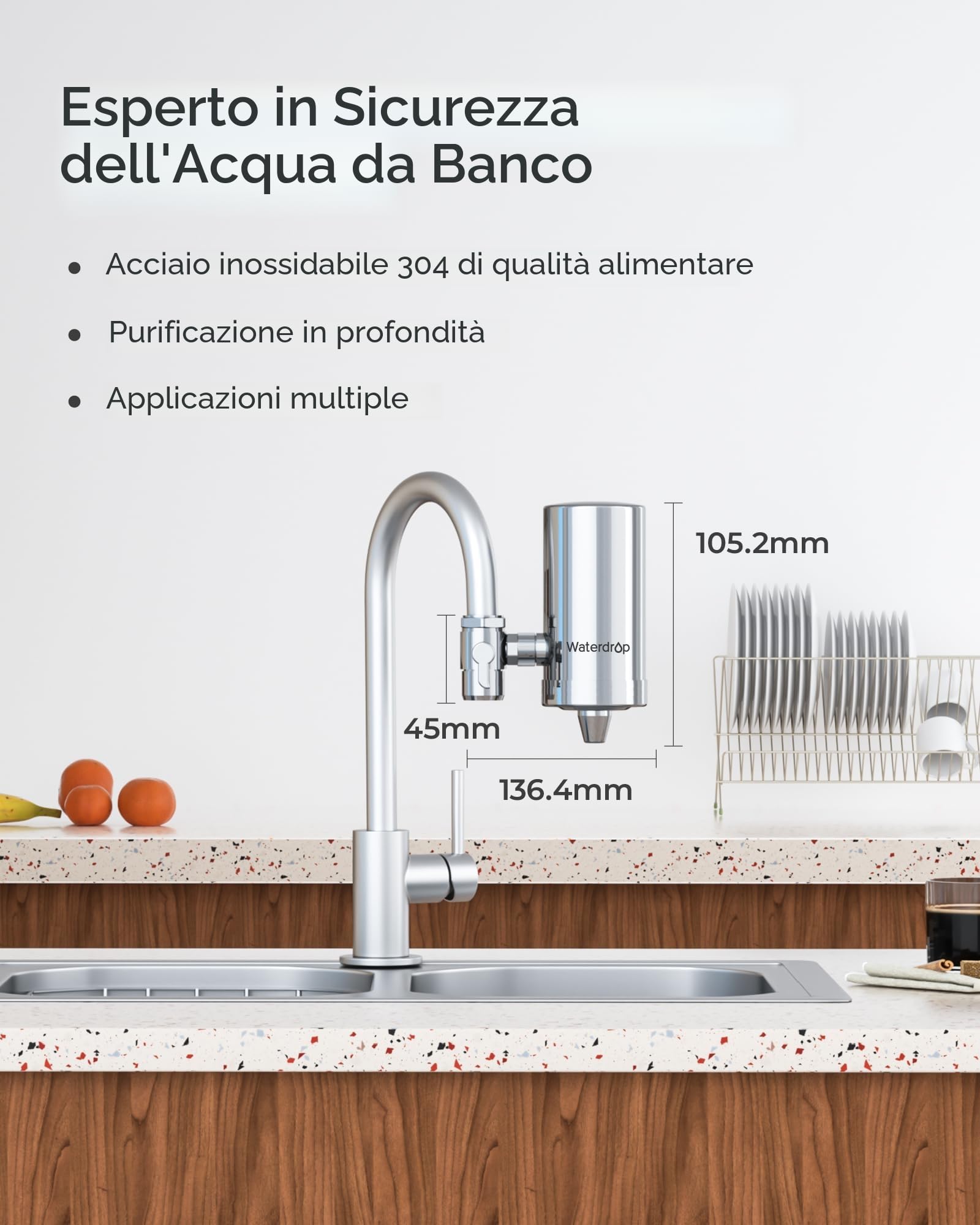 Waterdrop WD-FC-06 Rubinetto in Acciaio Inossidabile, Sistema di Filtraggio dell'acqua a Blocchi di Carbone, Rimuove il Cloro, i Metalli Pesanti e il Cattivo Gusto (1 Filtro Incluso)