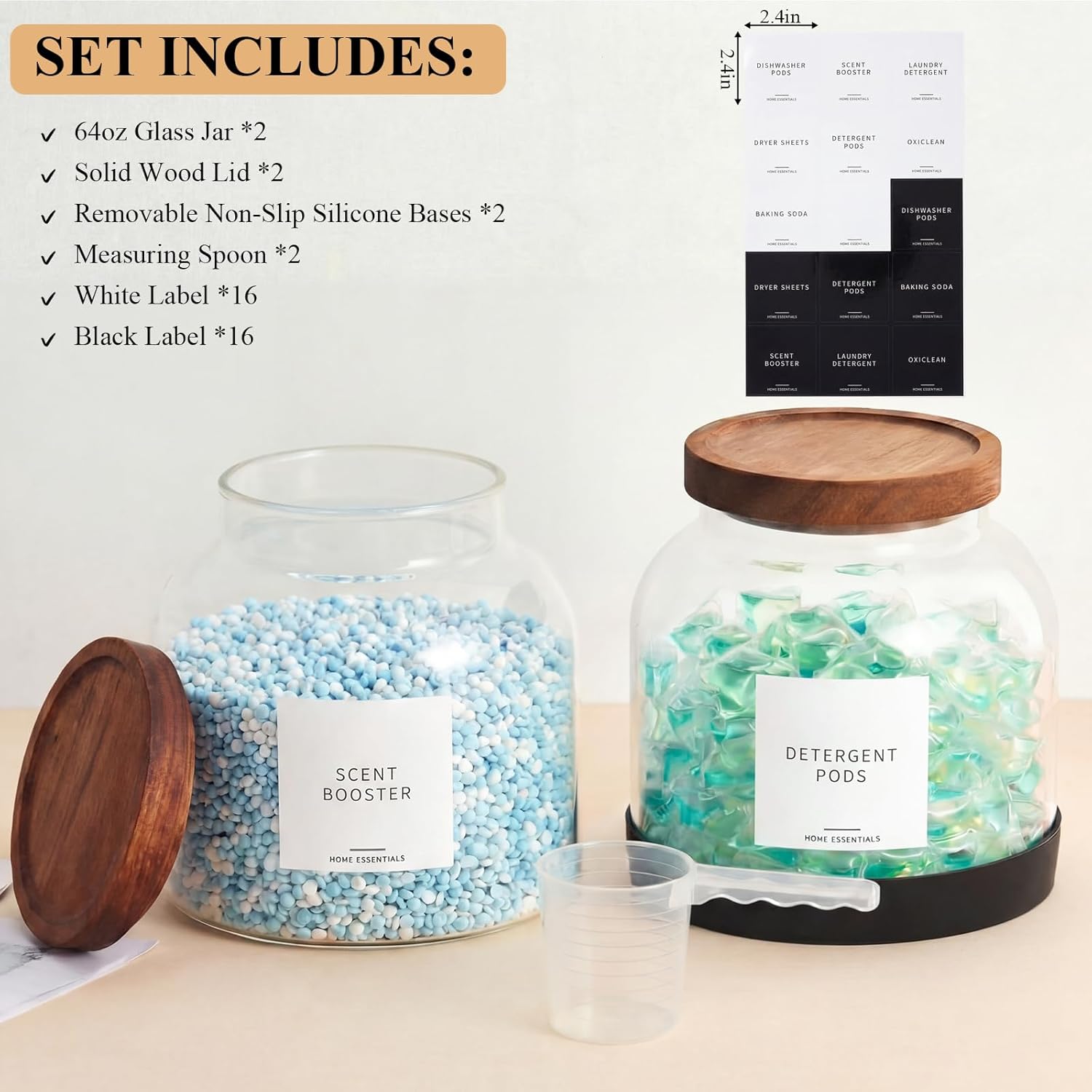 Zhehao 2 Pack Glass Laundry Pods Container with 30 Labels, Scoops, Non Slip Base, Wood Lid, Half Gallon Laundry Detergent Container Powder Containers Canisters Set Laundries Room Organization Jars
