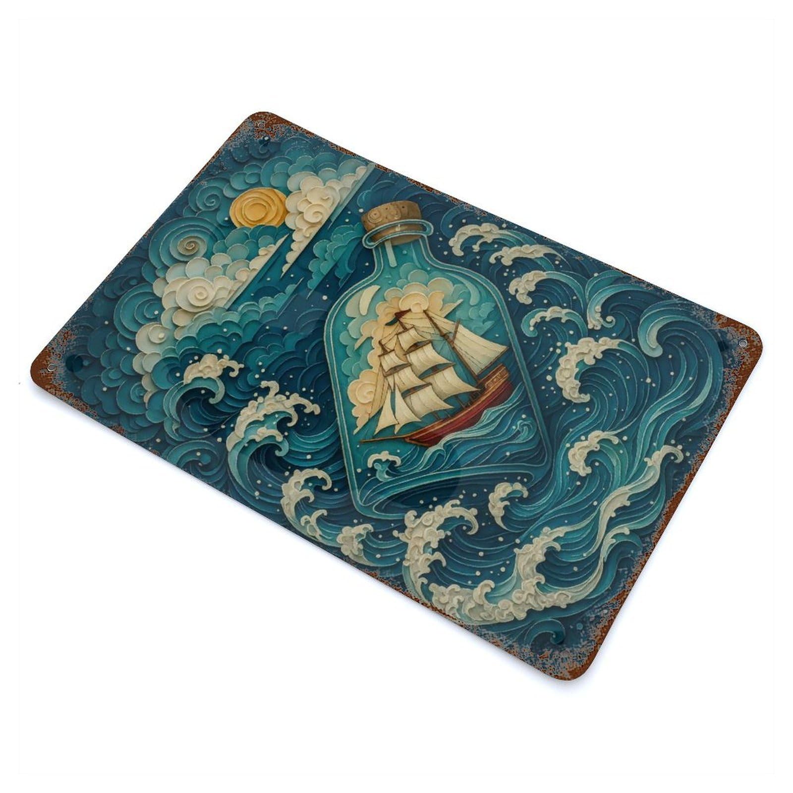Ship in A Bottle Ocean Scene Decorative Tin Sign 11.8"x7.9", Ideal for Basement, Hobby Room And Garage Decor