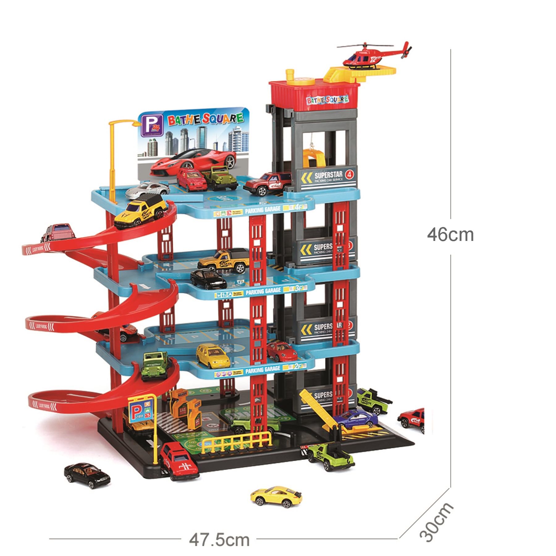 Parcheggio giocattolo per bambini con 4 livelli, ascensore e stazione di servizio, set da gioco incl. 4 auto in metallo e un elicottero, garage per auto con piazzola di atterraggio per elicotteri per