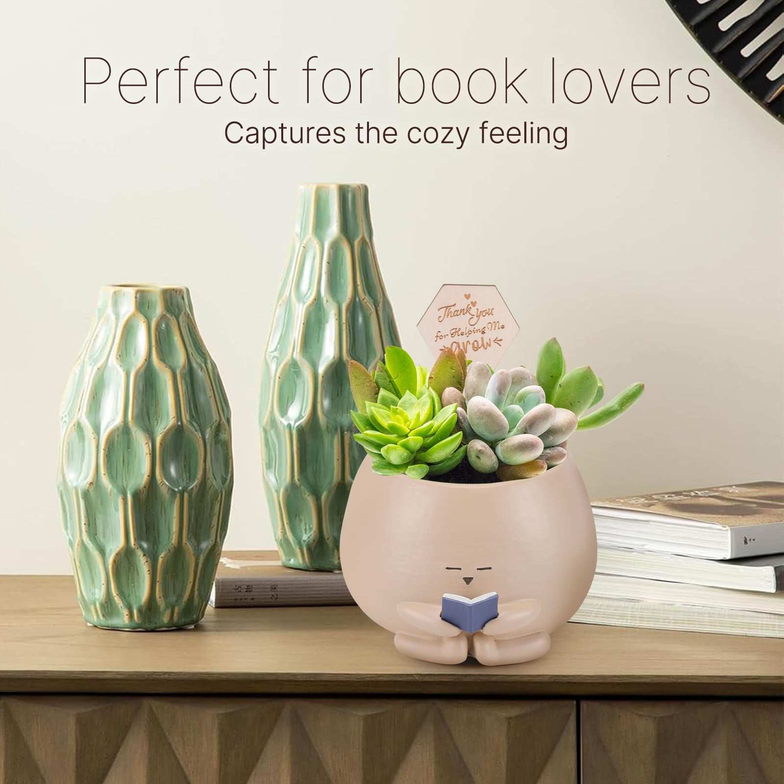 Maceta de gusano de biblioteca para regalo para amantes de los libros y las plantas con tarjeta de agradecimiento, regalo de apoyo emocional, regalo de agradecimiento para el día del padre