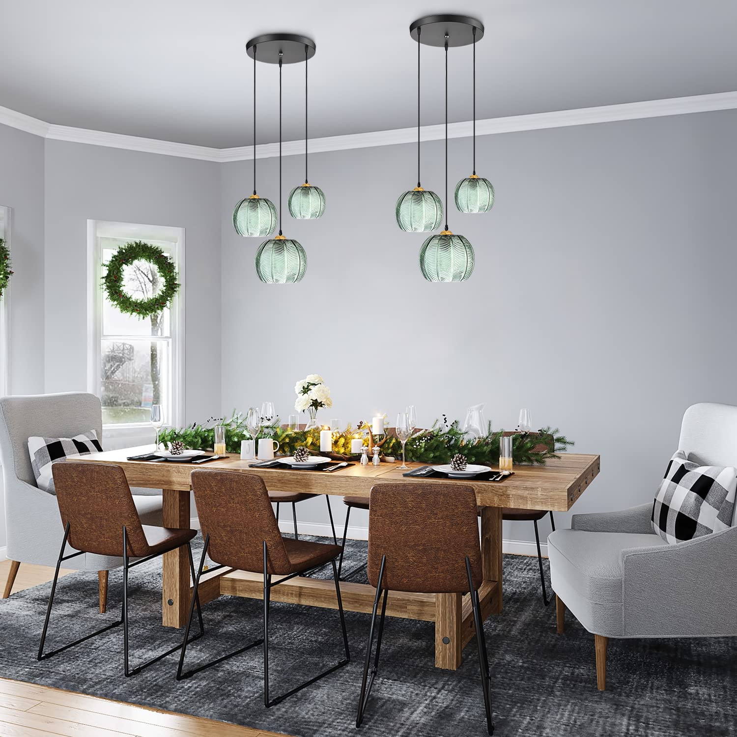 KCO Lighting 3-Light Modern Green Striped Glass Pendant Light Nordic Ribbed Glass Chandelier Pendant Light Green Pumpkin Pendant Light Mid-Century Black Cluster Pendant Light Kitchen Island