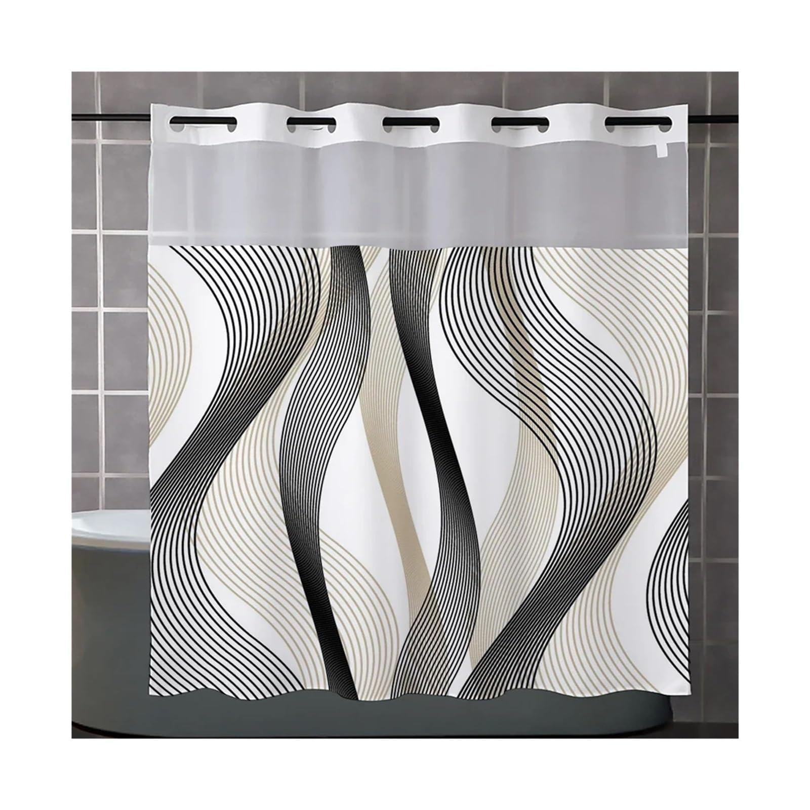 CSSHNL Shower Curtain No Hook Geometric pattern Shower Curtain With Snap-in Fabric Liner, Sheer Top Window, Waterproof Double Layer Bathtub curtain