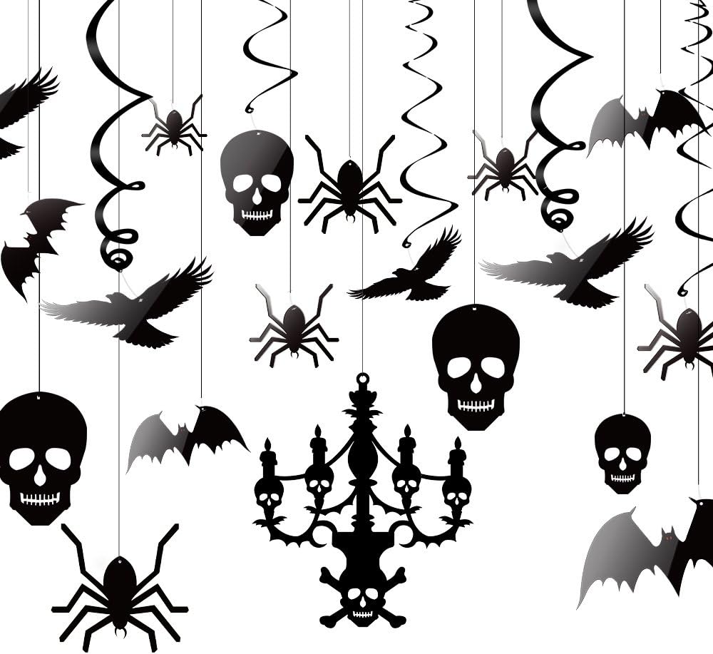 KUUQA Halloween Hanging Decorations Ceiling Decoration of Chandelier Bat Crow Spider Skull for Haunted House Decoration, Set of 20