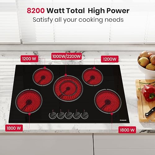 Miniatura 3 de GASLAND Placa de cocina eléctrica de 36 pulgadas, 8200 W con 5 quemadores, estufa eléctrica de cerámica de 220 a 240 V, 7 niveles de potencia,
