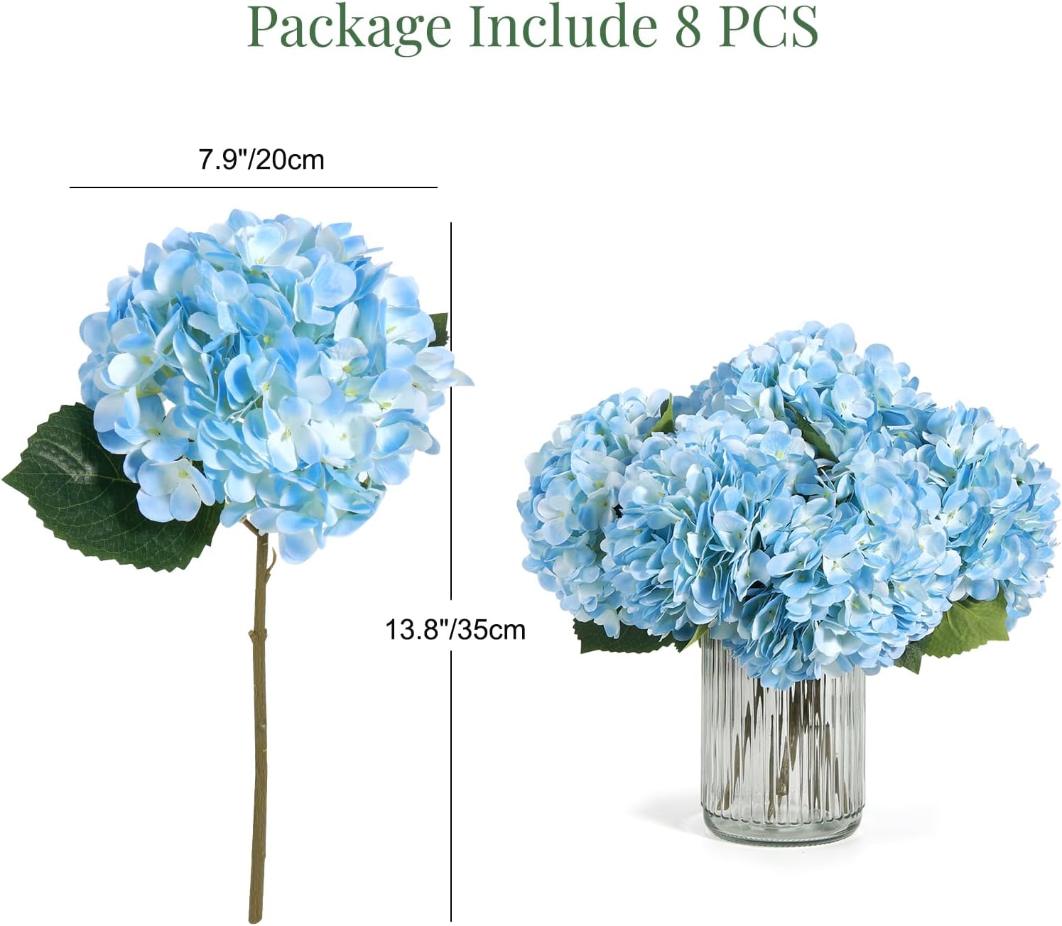 Auihiay 8PCS Blue Hydrangea Artificial Flowers Bouquets, Real Like Hydrangea with Stems and Leaves, Silk Hydrangea Flowers Bouquets for Living Room, Wedding Party Table Decor(13.8 x 7.9 inches)