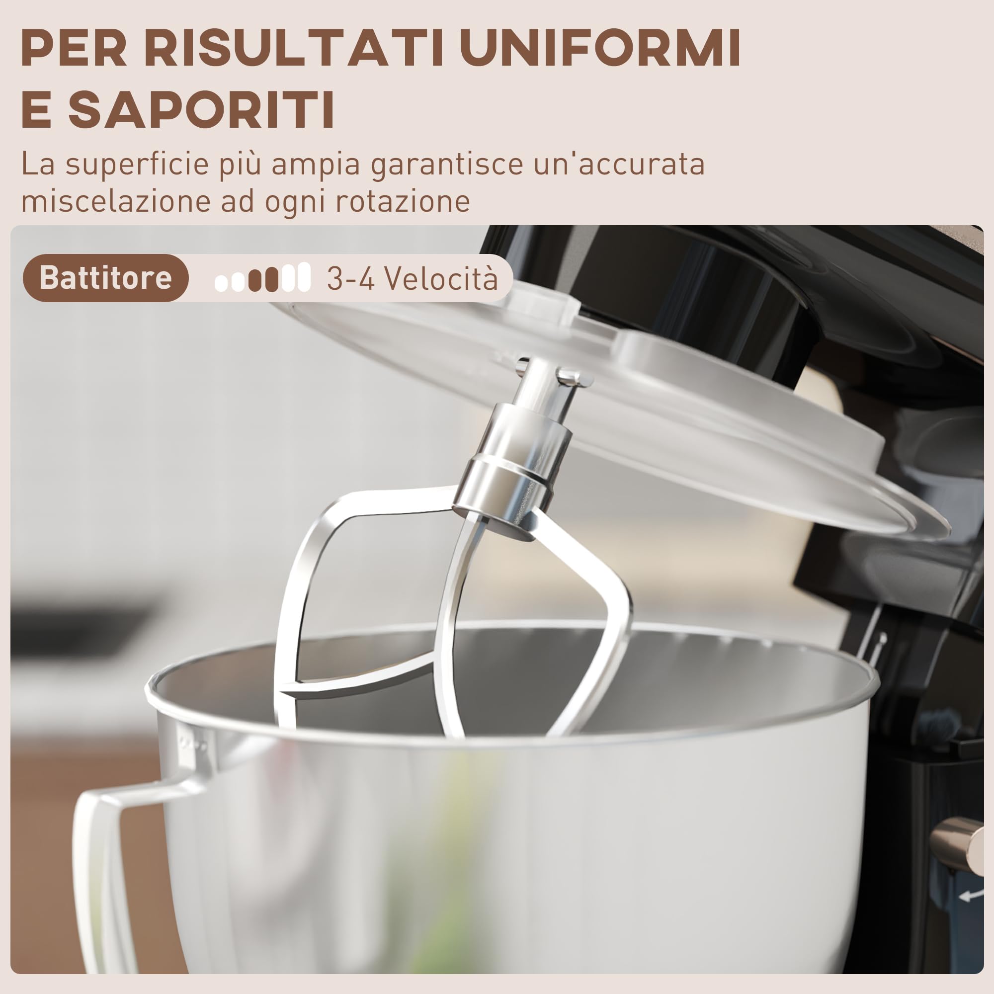 HOMCOM Impastatrice Planetaria 4.5L 6 Velocità con Frusta e Gancio