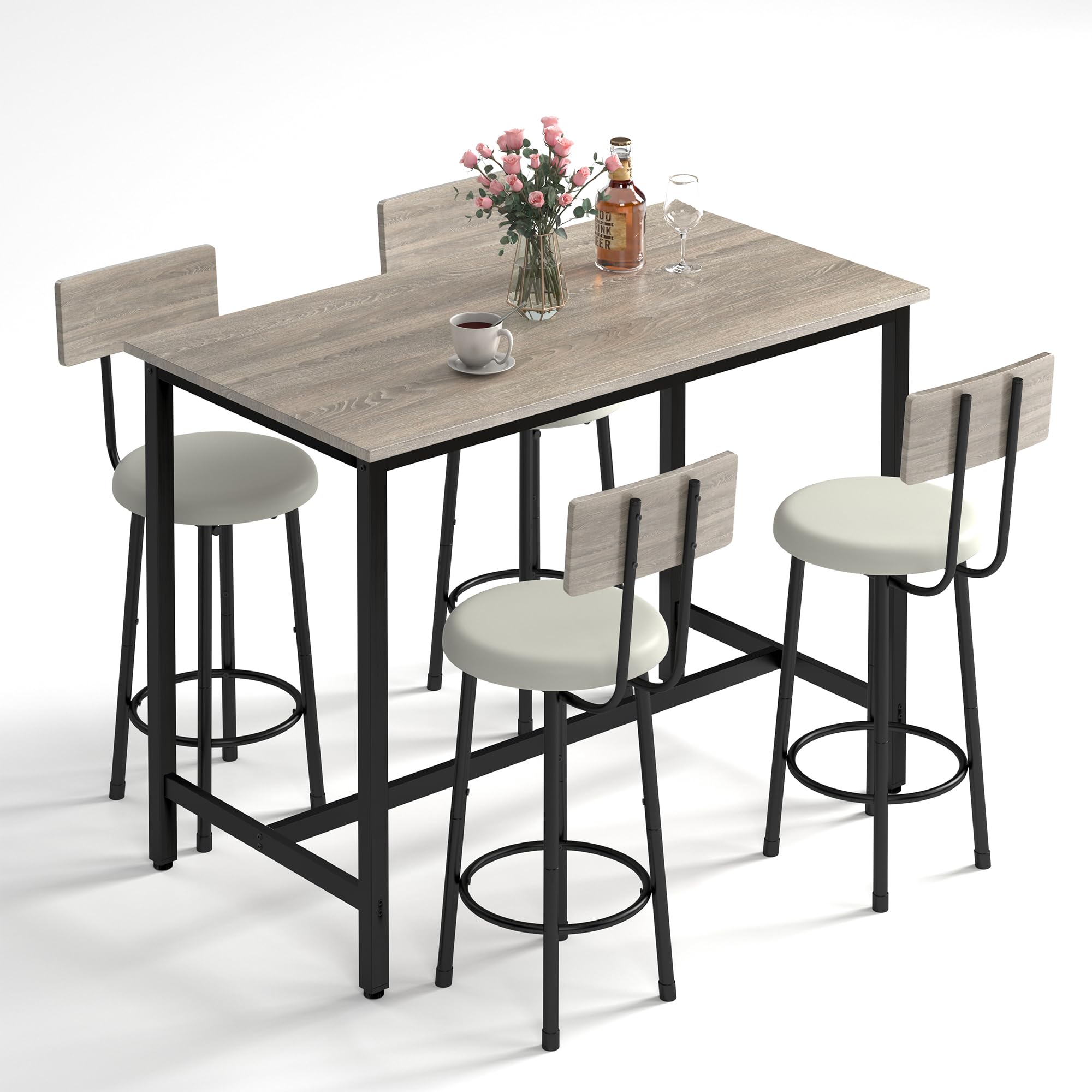 HUGROVE 47.2-Inch Bar Table and Chairs Set, Modern Industrial 5-Piece Counter Height Dining Table Set, Bar Table with 4 stools Bar Table Set for