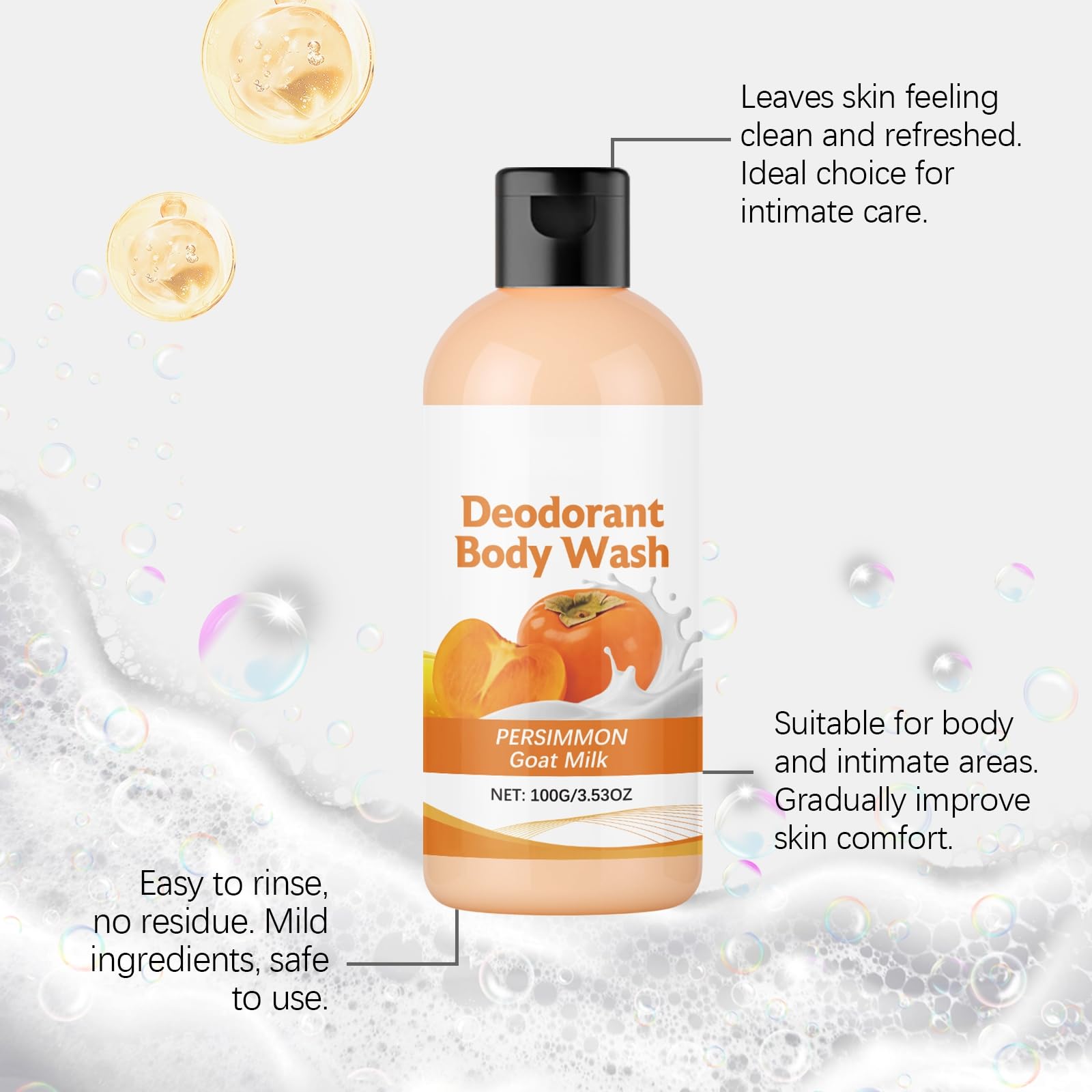 Deodorizing Persimmon Body Wash for Old People Smell - Deep Cleansing Body Deodorizing Wash for Women & Men, Natural Body Odor Eliminator, Gentle Cleansing Shower Gel for Sensitive Skin (6 pezzi) | Gel doccia purificante e deodorante per anziani, elimina