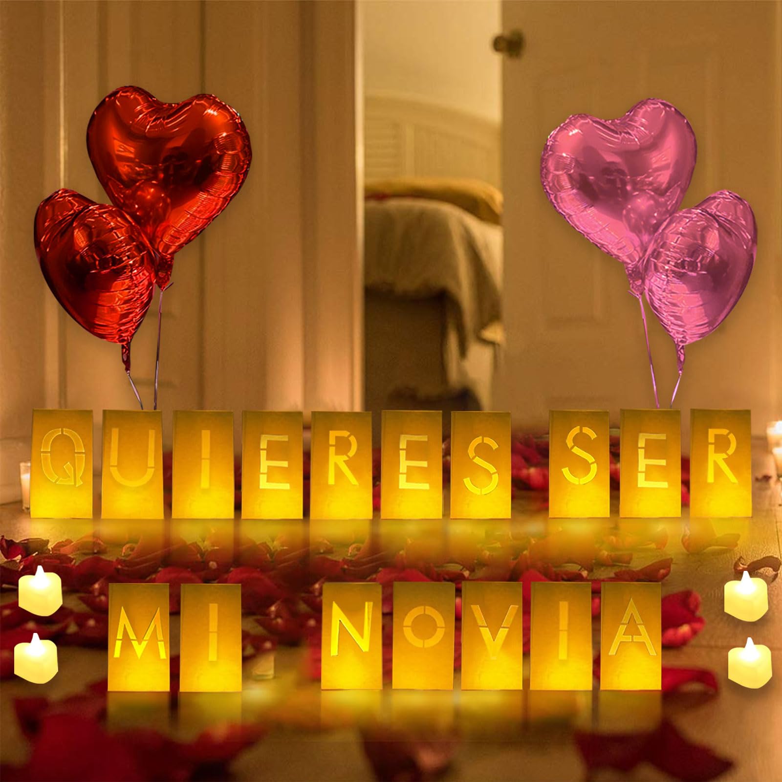 Quieres Ser Mi Novia Lot de 17 sacs lumineux en papier 2200 pétales de rose artificiels rouges et roses, 48 bougies LED sans flamme, 15 ballons en forme de cœur, nuit romantique, Saint-Valentin
