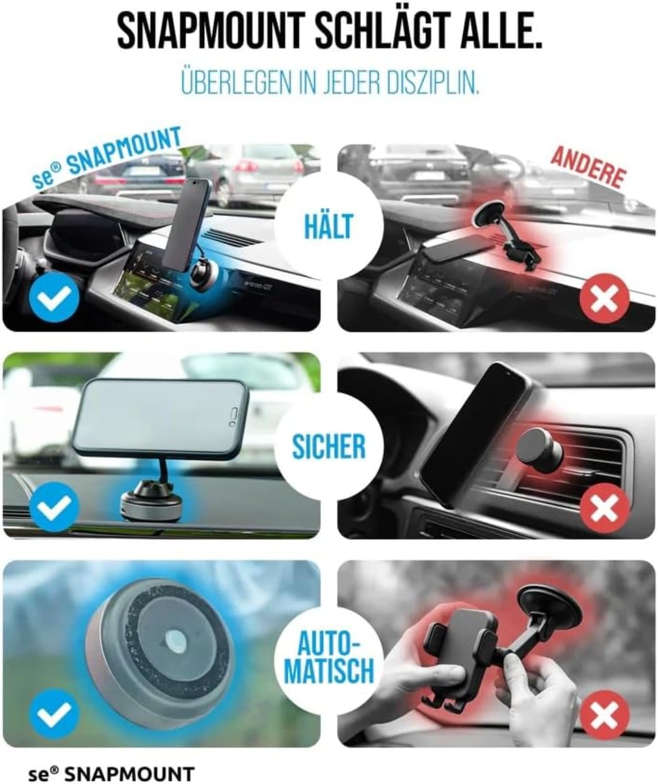 Snapmount Handy Halterung Elektrisch – Se SNAPMOUNT Original, Vakuum Magnetisch Auto Halterung 360° Drehbar, Anti-Vibration (Silberx2)