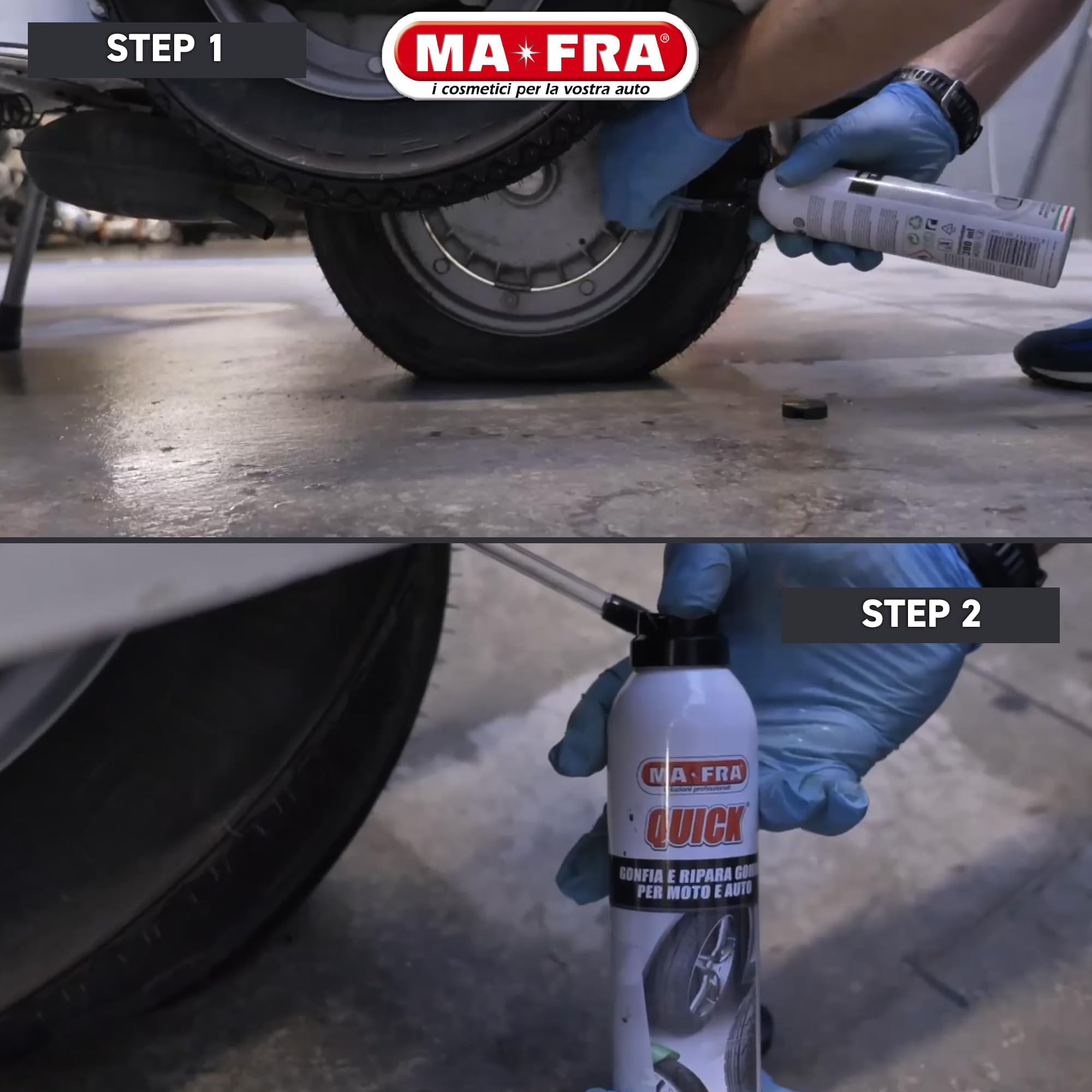 MAFRA, Quick, Gonfia e Ripara le Gomme Forate di Auto e Moto, Adatto a Pneumatici con e Senza Camera d'Aria, Facile da Trasportare, Bomboletta da 300ml