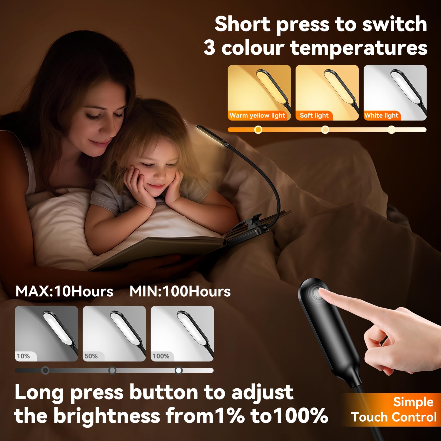 Rechargeable LED Book Light for Reading in Bed, Eye Caring 3 Color Temperatures, Adjustable Brightness, Durable & Lightweight ABS Design, Clip On Reading Lamp for Study/Travel,Gifts for Adults & Kids