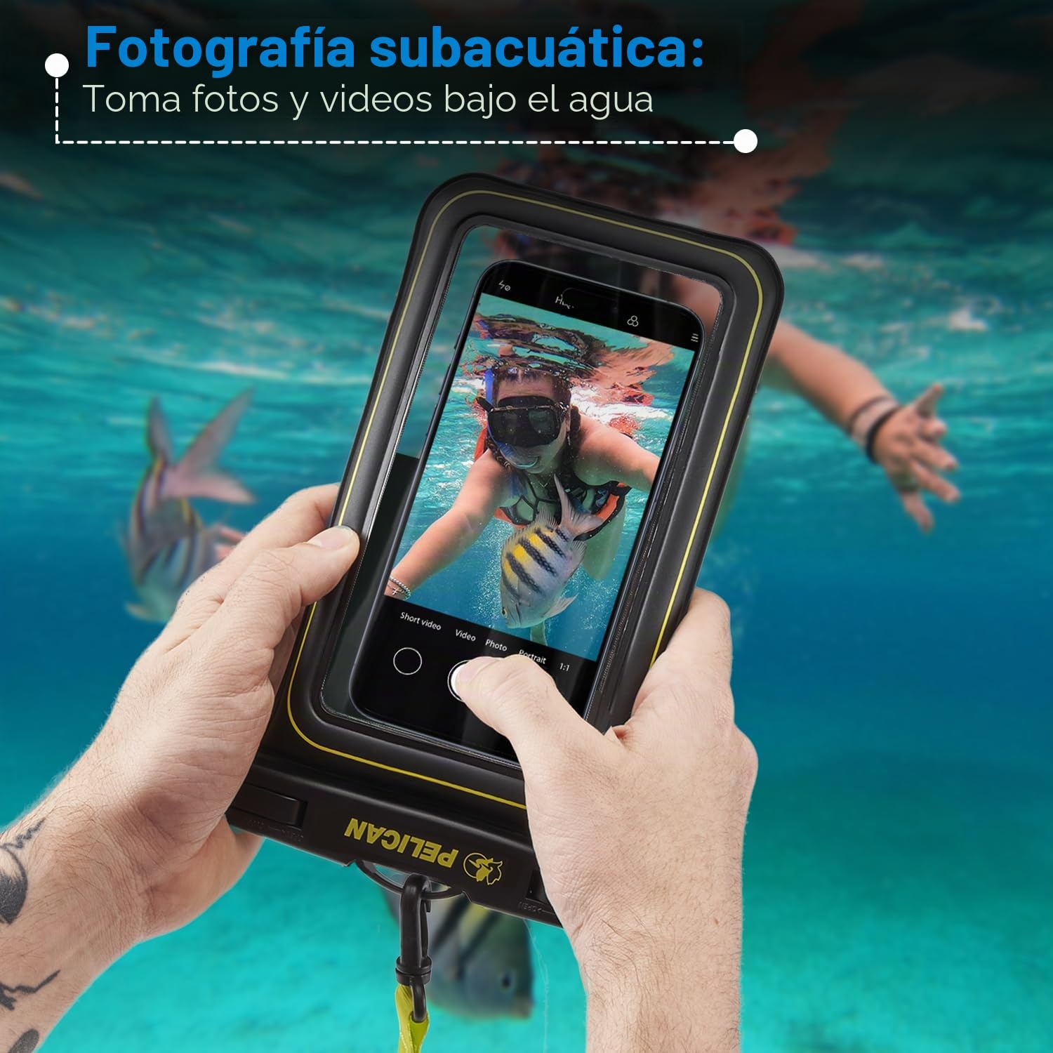 Pelican Marine - Funda impermeable IP68 para teléfono (tamaño XL), funda flotante impermeable para iPhone 15 Pro Max/14 Pro Max/13/12/S24 Ultra/S23/S22/Pixel 8 - Cordón desmontable - Negro/Amarillo de