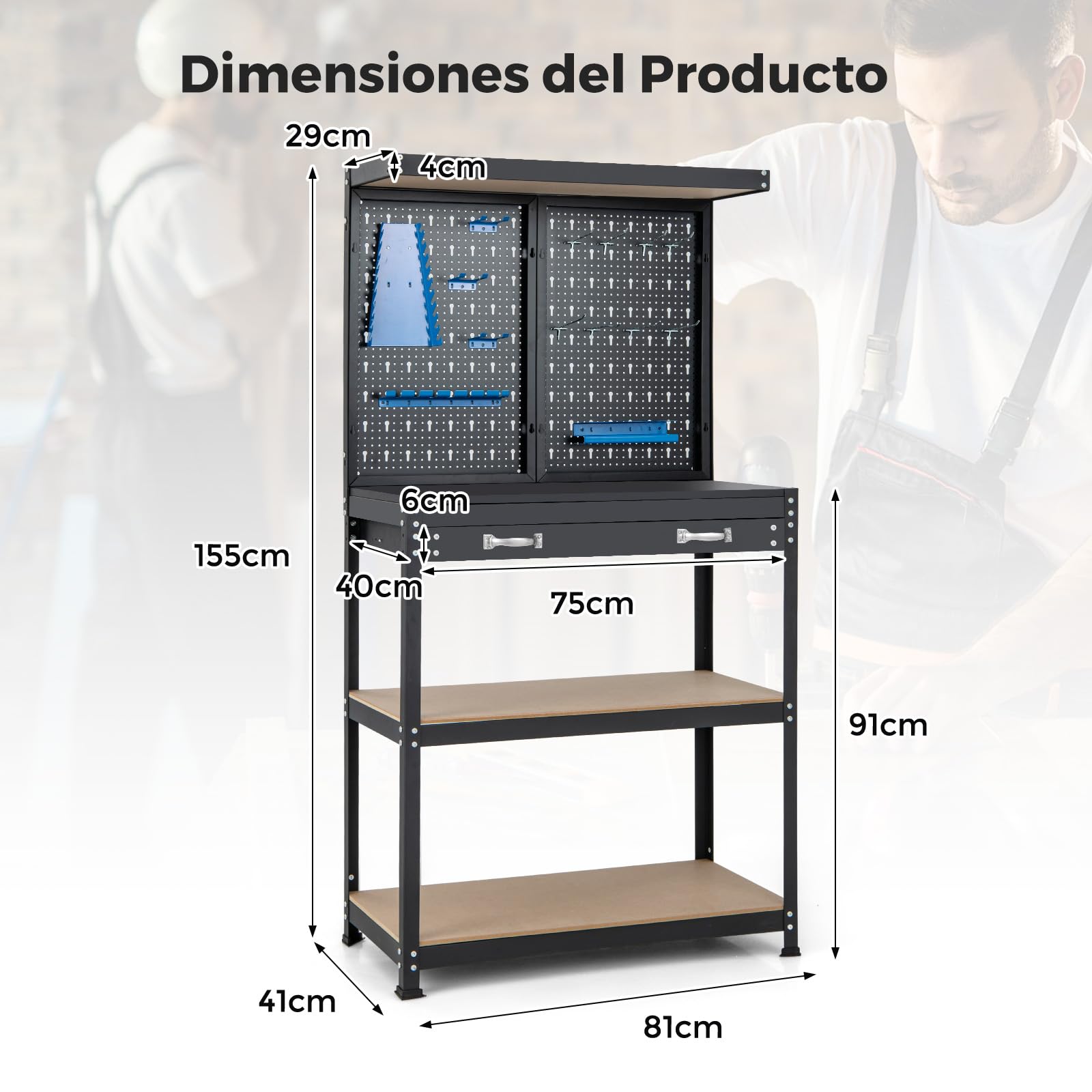 GYMAX Banco de Trabajo Multiusos con Tablero Perforado, 2 Estantes con Neumáticos, Espacio Superior, Cajón y Marco de Metal Robusto, para Talleres, Almacenes y Sótanos (Negro+Azul)