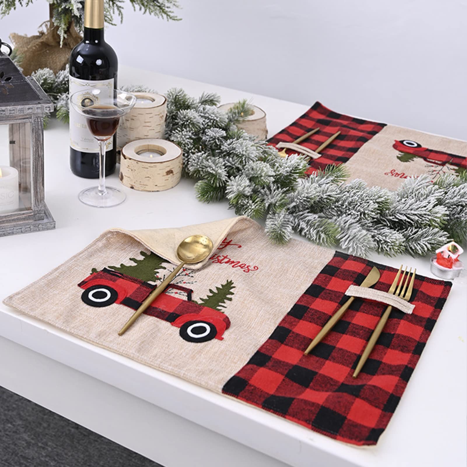 RENRUIRUI- Set De Table De Noël Set De 4 Tapis De Table Camion Rouge Ferme, Sets De Table À Carreaux De Buffle Rouge Et Noir Pour Table À Manger Décor De Noël