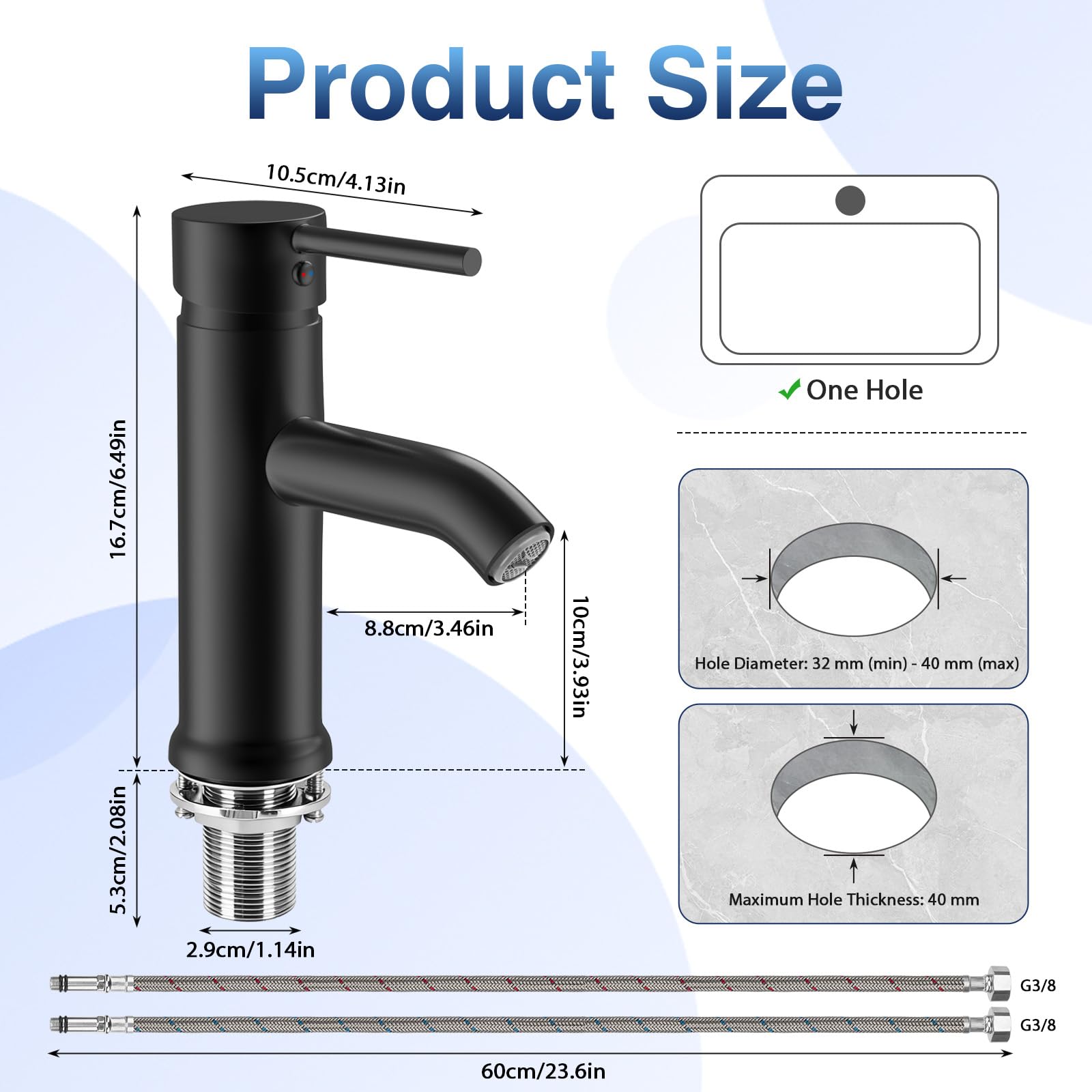 Rubinetto Bagno Lavabo, Miscelatore Lavabo Bagno Caldo e Freddo Regolabile, Rubinetto Lavandino Bagno in Acciaio Inox con Becco Altezza 8cm, Dotato di 2 Tubi Flessibili da 60 cm - G3/8