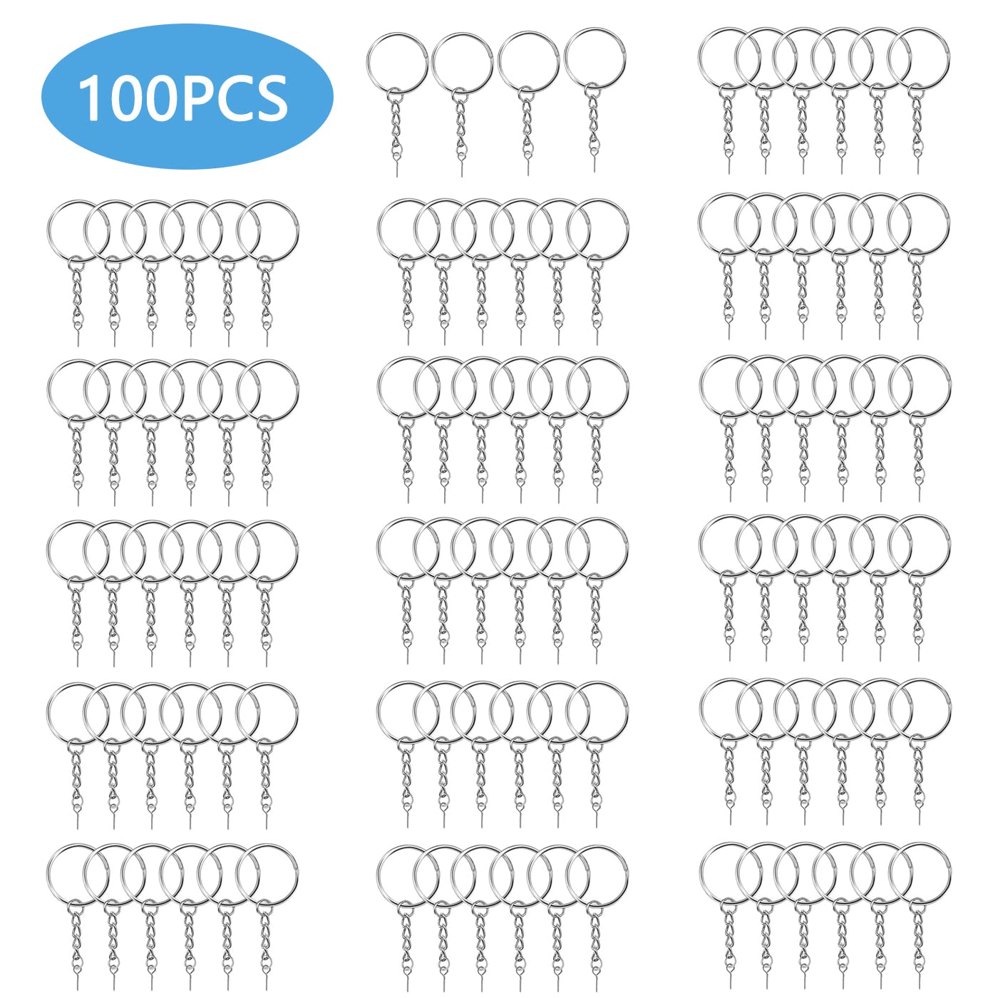 100 Pezzi Anello Portachiavi, d'argento Anelli aperti Diametro 25mm, Cerchio Portachiavi split con Vite Occhielli Ganci Adatto Usato per Key Chains