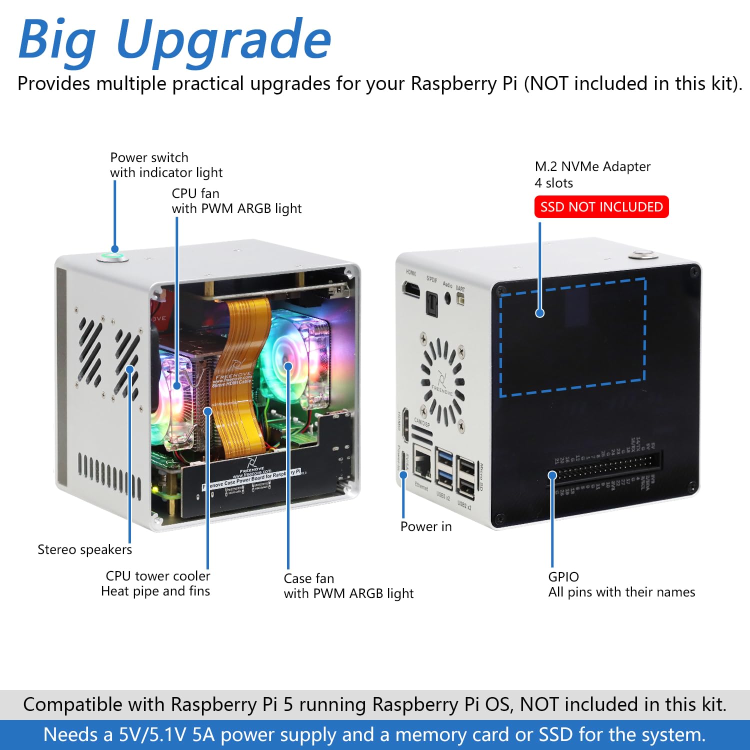 FREENOVE NAS Case for Raspberry Pi 5 (NOT Included), Quad M.2 NVMe SSD Slots, PWM ARGB Fans Light Sync, CPU Tower Cooler, Built-in Stereo Speakers, 3.5 mm and Optical Audio (S/PDIF) Outputs