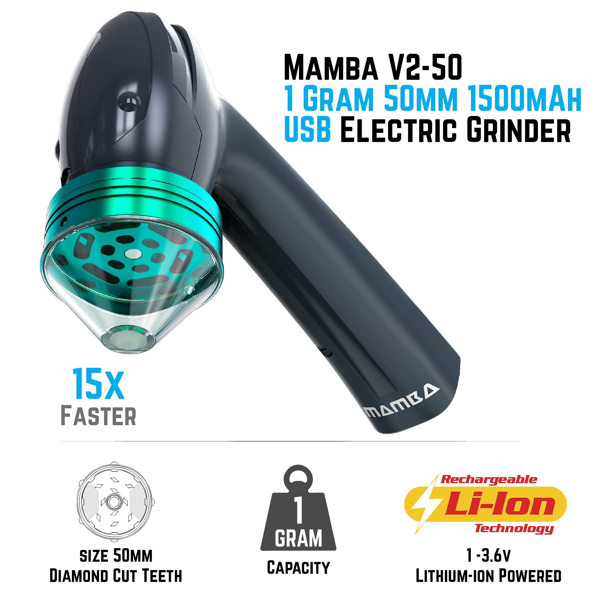 Mamba 1g 50mm Molinillo de Hierbas Eléctrico. Batería de Li-ion recargable por USB para una molienda rápida con una sola mano. Interruptor basculante en dos direcciones para la trituración eficaz