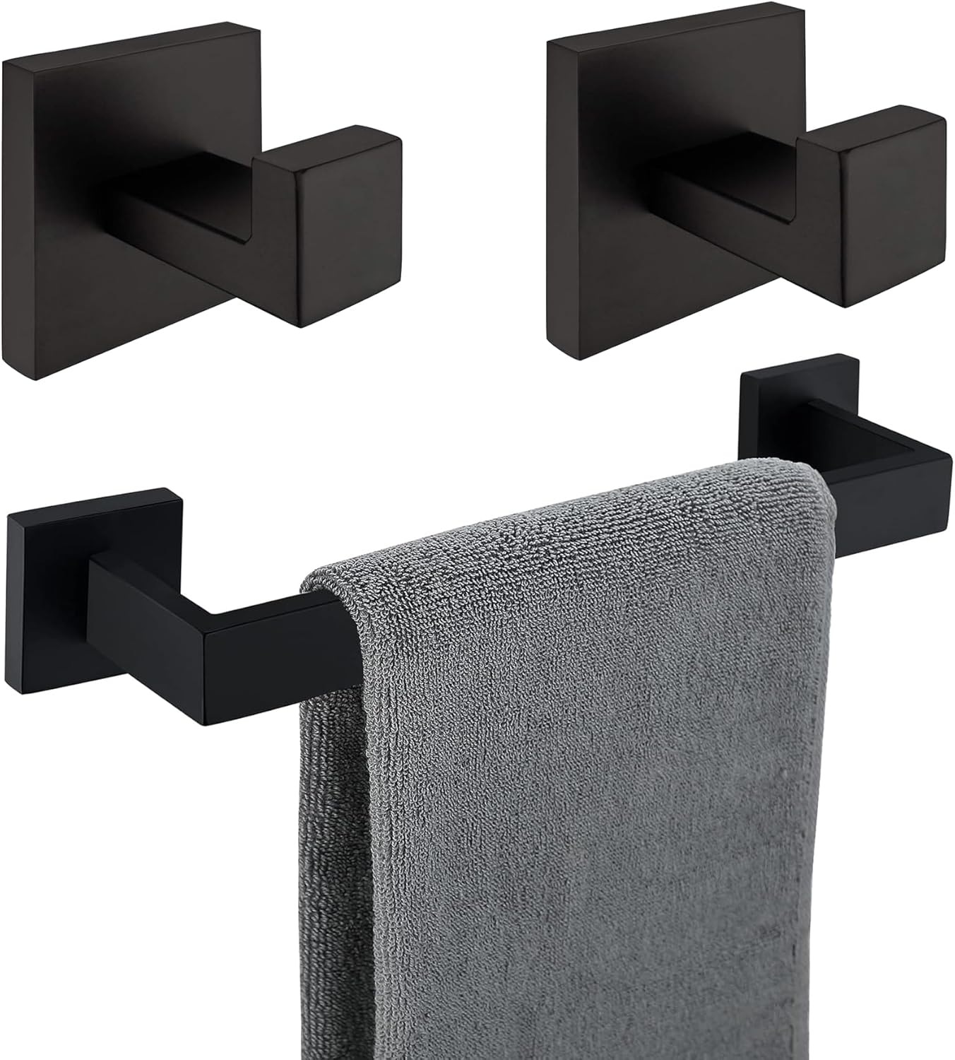 Nolimas Matte Black Bathroom Hardware Set 3 Pieces SUS304 Stainless Steel Square Wall Mounted Including 12Inch Towel, Robe Towel Hooks,Bathroom Accessories Kit