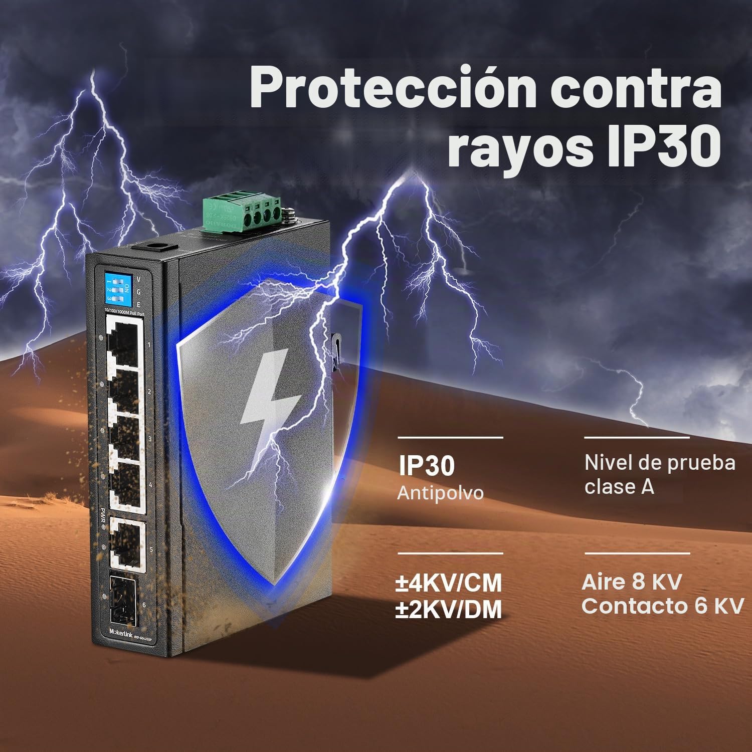 MokerLink Interruptor PoE Gigabit de riel DIN industrial de 6 puertos, 4 puertos PoE de 100/1000Mbps, IEEE802.3af/at PoE+, 1 Gigabit de enlace ascendente, 1 Gigabit SFP, riel DIN de metal y, 6*1G POE