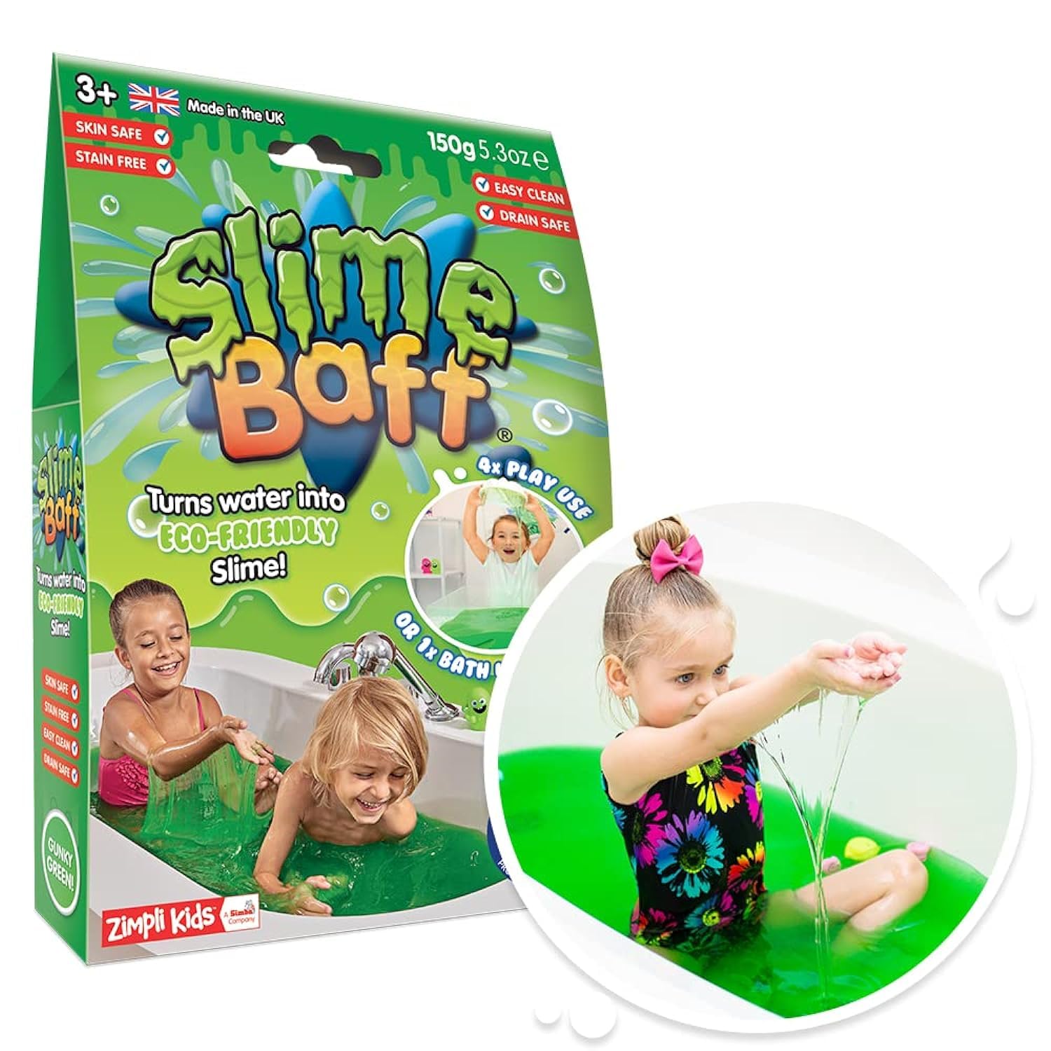 ZIMPLI - Slime Baff Zielony, 1 kąpiel lub 4 użycia do zabawy, jak za sprawą magii woda zamienia się w kolorowy slime, zabawka do wanny dla dzieci