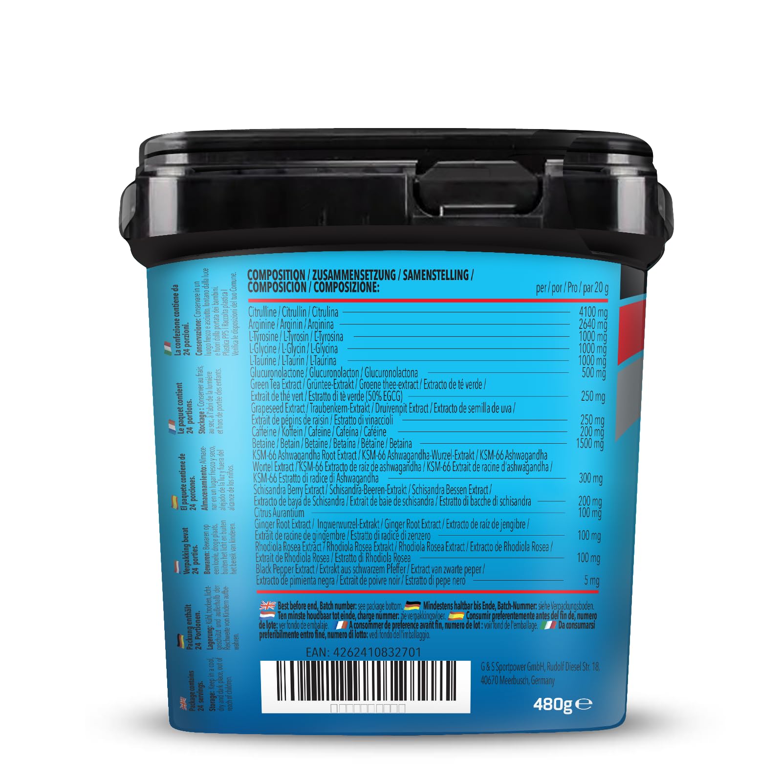 Bodylab24 Bodybuilder Pre Workout Ananas 480g, mit verschiedenen Aminosäuren (Citrullin, Arginin, Glycin, Tyrosin, Taurin), Koffein und verschiedene Pflanzenextrakte, fruchtig im Geschmack