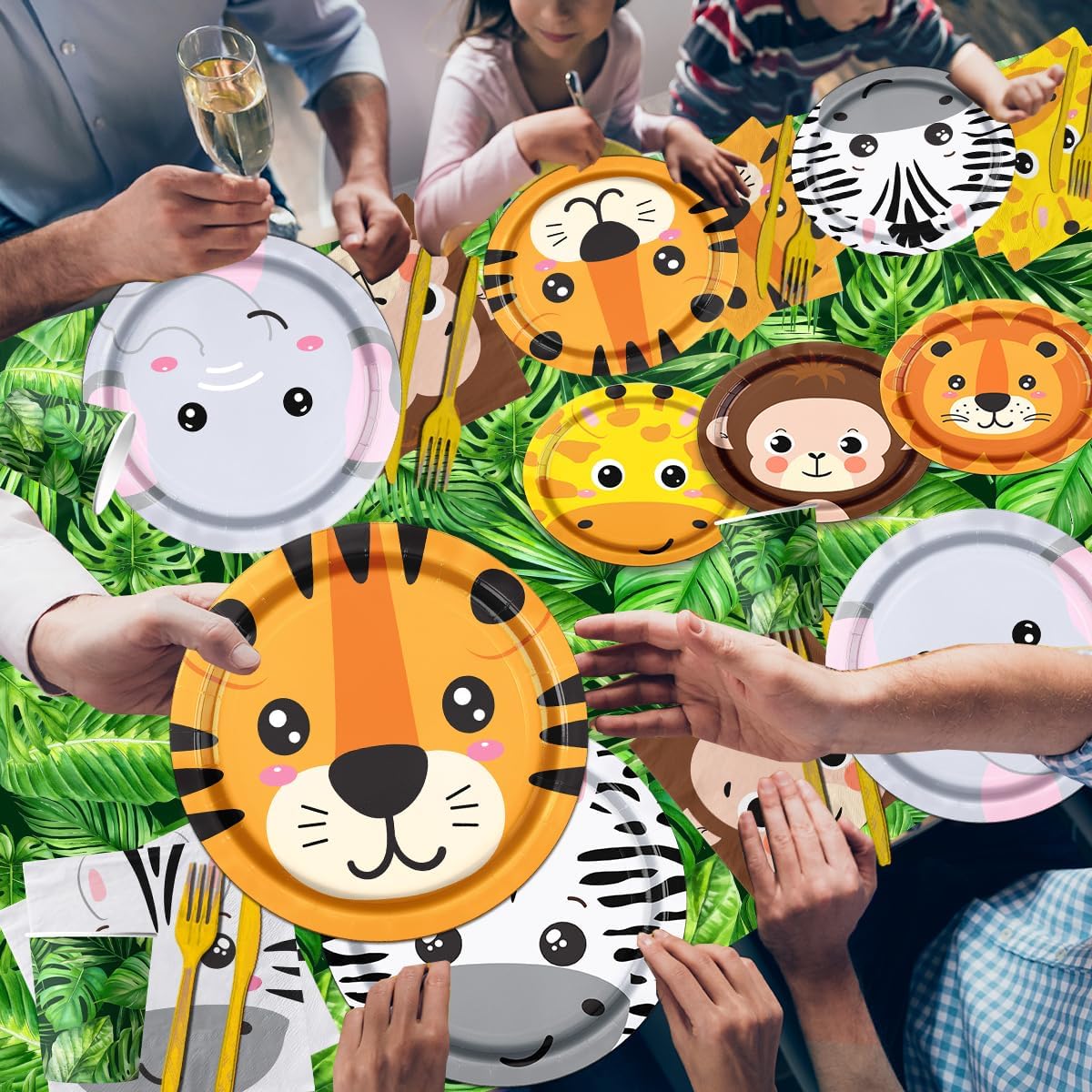 144Pcs Jungle Safari Birthday Plates,Safari Animal Tableware Set Zoo Theme Birthday Paper Decorations Zoo Animal Face Plates,Wild Leaf Tablecloth for Baby Shower Jungle Safari Theme Party