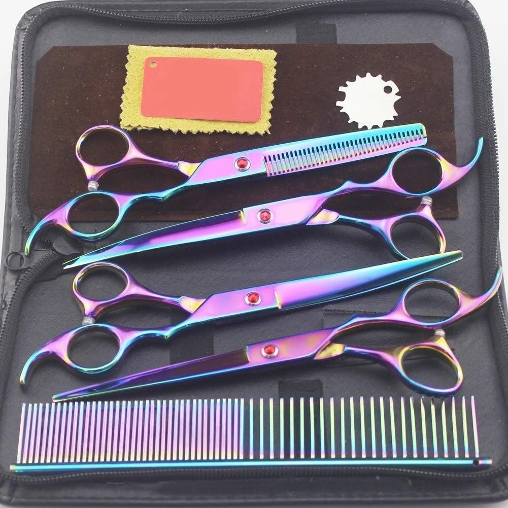 Dog Grooming Scissors Kit, 7 Inch Professional Pet Grooming Scissors Set for Dog Japan 4cr Dog Shears Hair Cutting Thinning Curved Scissors(Colorful)
