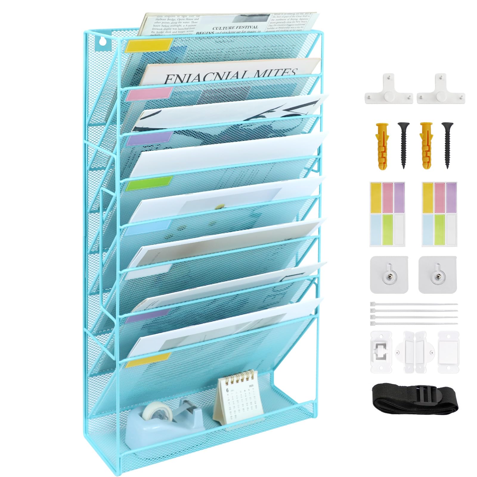 IOUGDSEC 9 Tier A4 Mesh in Tray Hanging Wall File Holder Magazine Document Holder Mail Organiser Magazine Storage Rack,Durable Metal Desktop File Organizer, Sky Blue