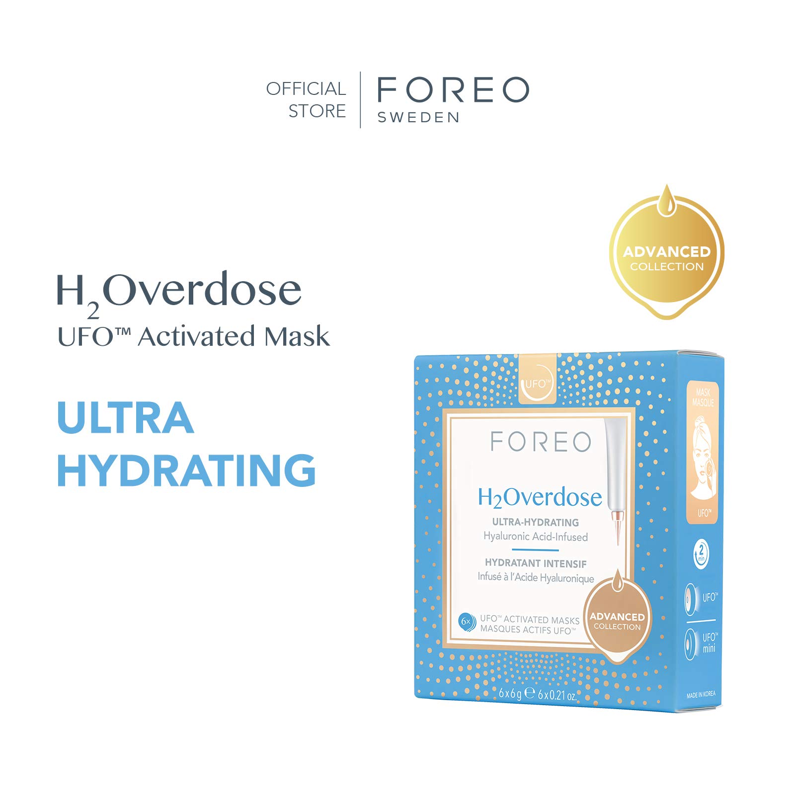 FOREO H2Overdose Advanced Collection 2.0 UFO-Activated Facial Mask - Hydrating Facial - Beauty & Personal Care - Hyaluronic Acid & Vitamin E - For All Skin Types - Dry skin & Flaky Skin - 6 pcs in pack