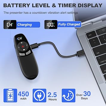 Presentation Clickers for PowerPoint with Timer, Wireless Rechargeable Laser Pointer for Laptop Presentations Remote, Power Point Remote Clicker for Computer/Mac/PPT/Google Slide Advancer